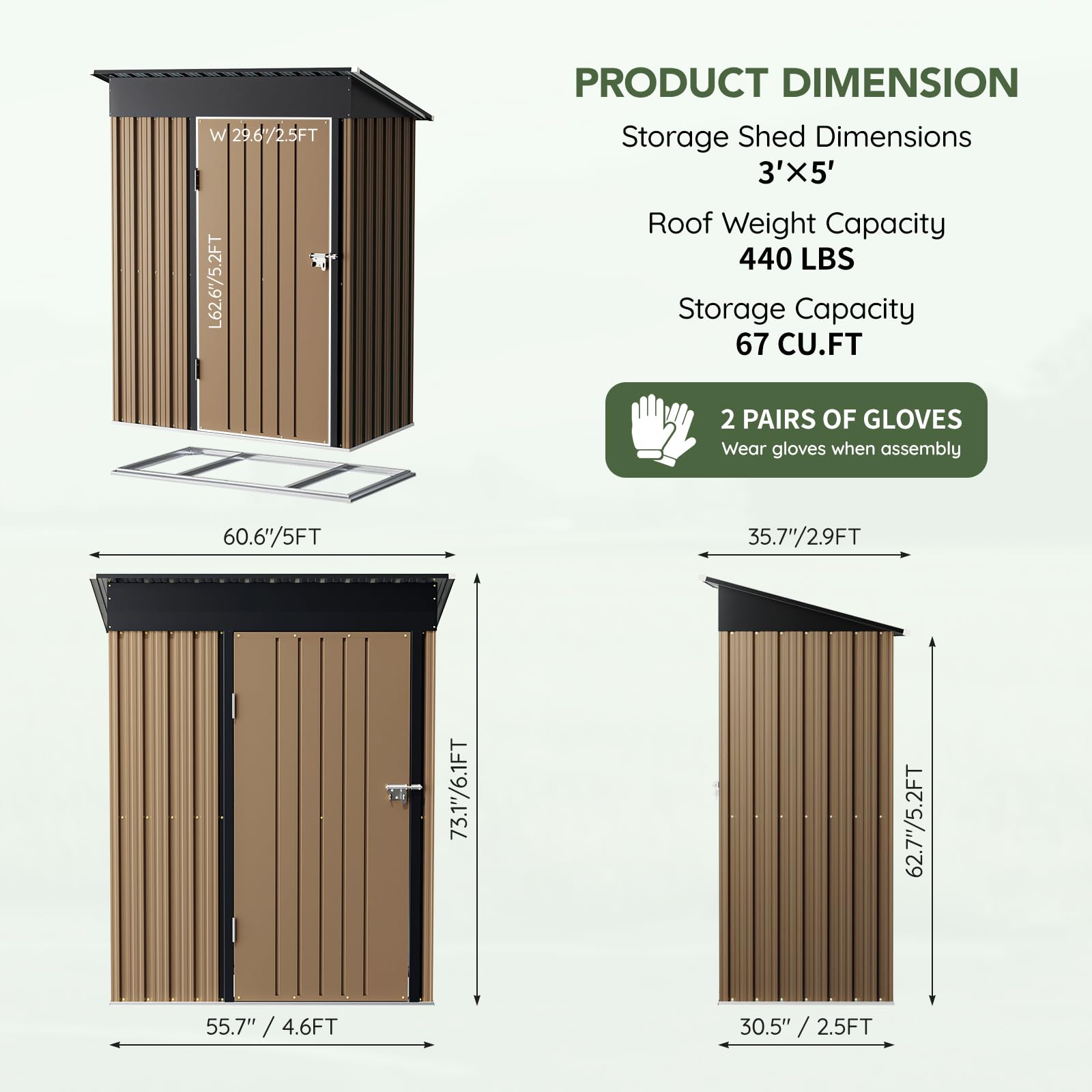 Grovellis 3x5 FT Outdoor Metal Storage Shed with Floor Frame, Single Door, 1 Clear Window, Tool Shed for Garden, Patio, Backyard Brown