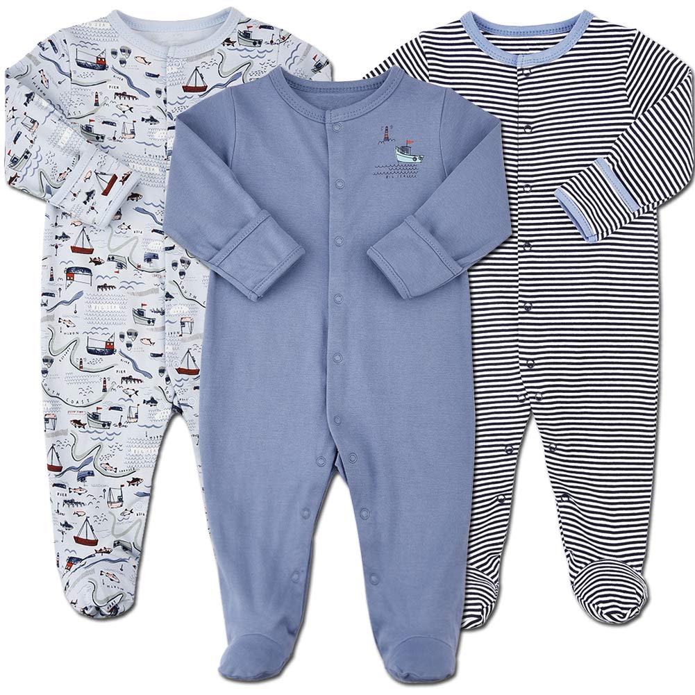 Aablexema Baby Footie Pajamas with Mittens - 3Pcs Infant Footed Sleeper Cotton Sleepwear Outfits(9-12m, Blue Stripe(Snap))
