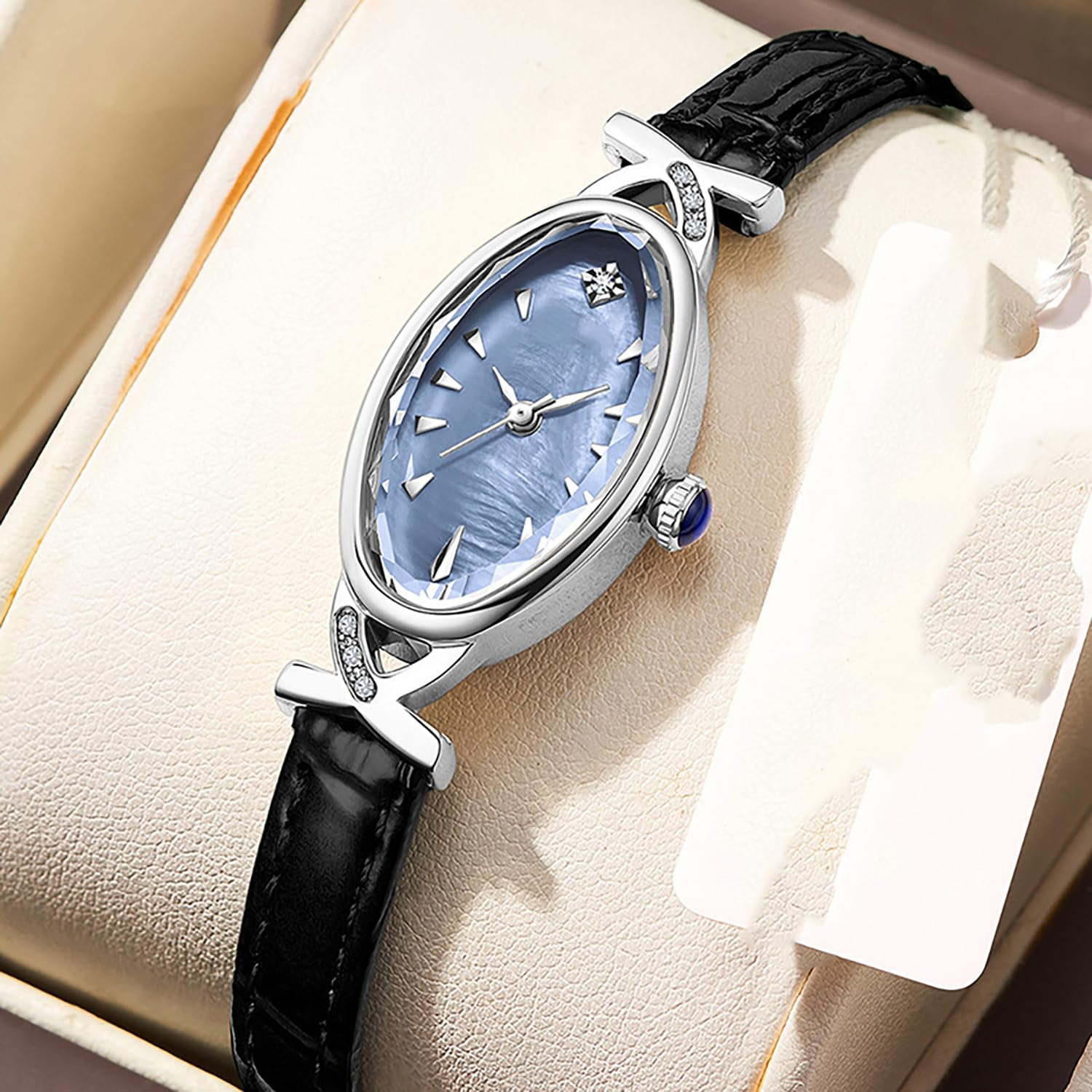 BESTKANG Leather Women's Watch Dainty Vintage Oval Ladies' Watch Elegant Diamond Waterproof Quartz Gold Watches for Women (Black Silver Blue)