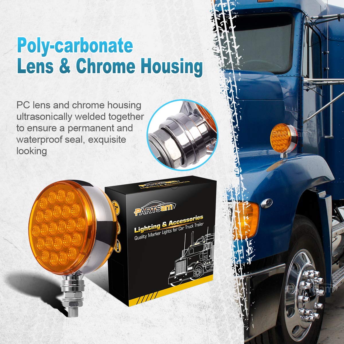 Partsam 2pcs Round Double Face Amber 48LED Pedestal Fender Rear Turn Signal Parking Lights Post Mount, Dual-face Led Marker Trailer Lights Replacement for Heavy-duty Trucks, 10-30V