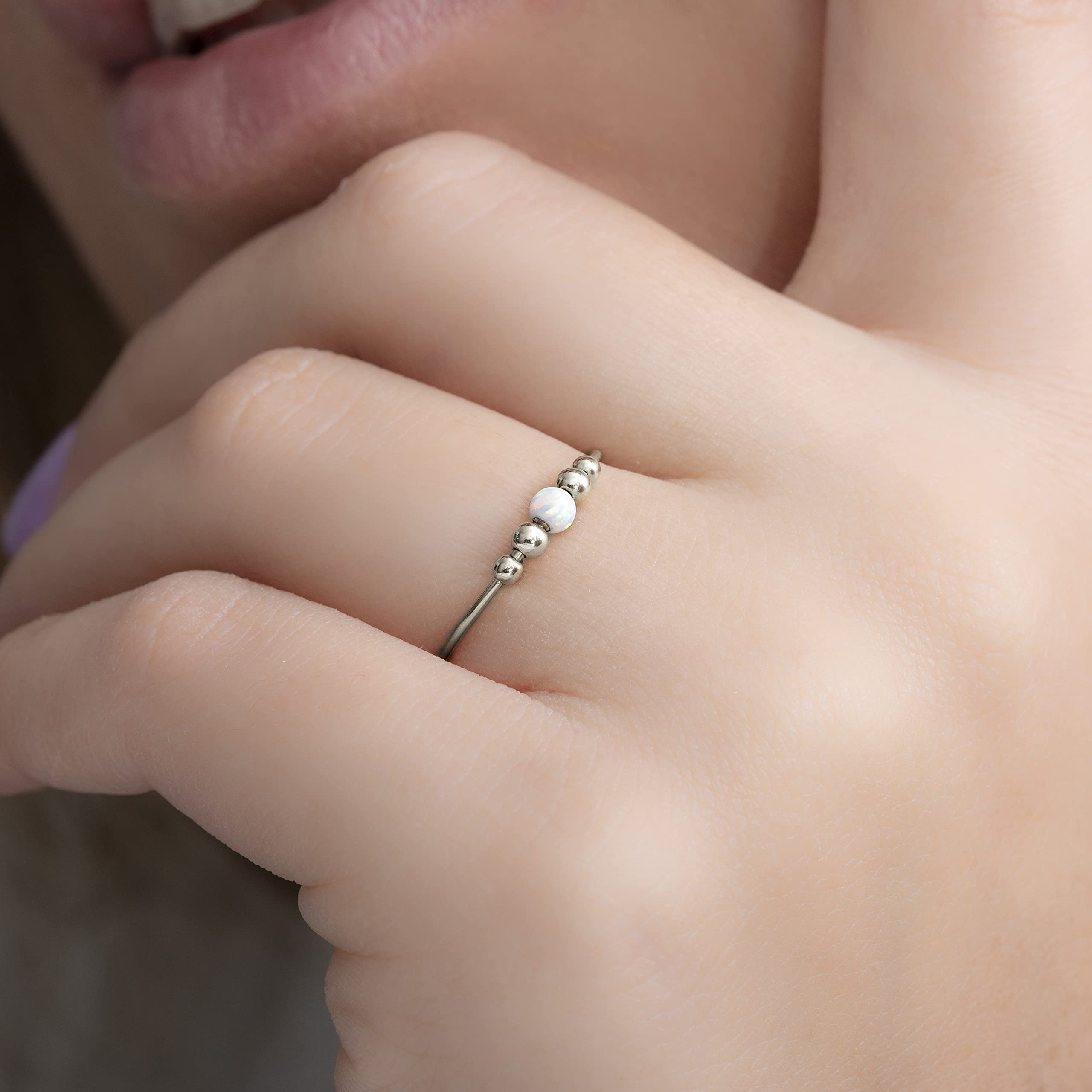 Sterling Silver Anxiety Fidget Ring β One Size 925 Silver Anxiety Relief Ring With White Opal - Stress Relief Fidget Spinner - Meditation Fidget Ring β Unisex Ring Jewelry for Anxiety and Stress