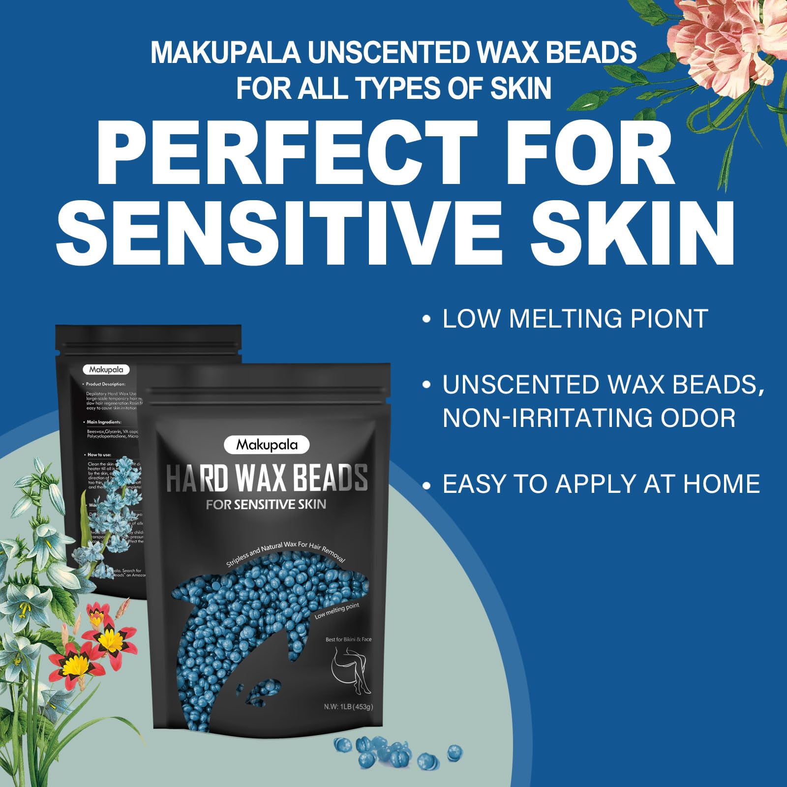 Makupala Hard Wax Beads for Sensitive Skin, 1lb Unscented Waxing Beads at Home for Brazilian Waxing Women Men, Professional Wax Beans Hair Removal for Body, Bikini, Legs, Facial, Easy Use, Blue