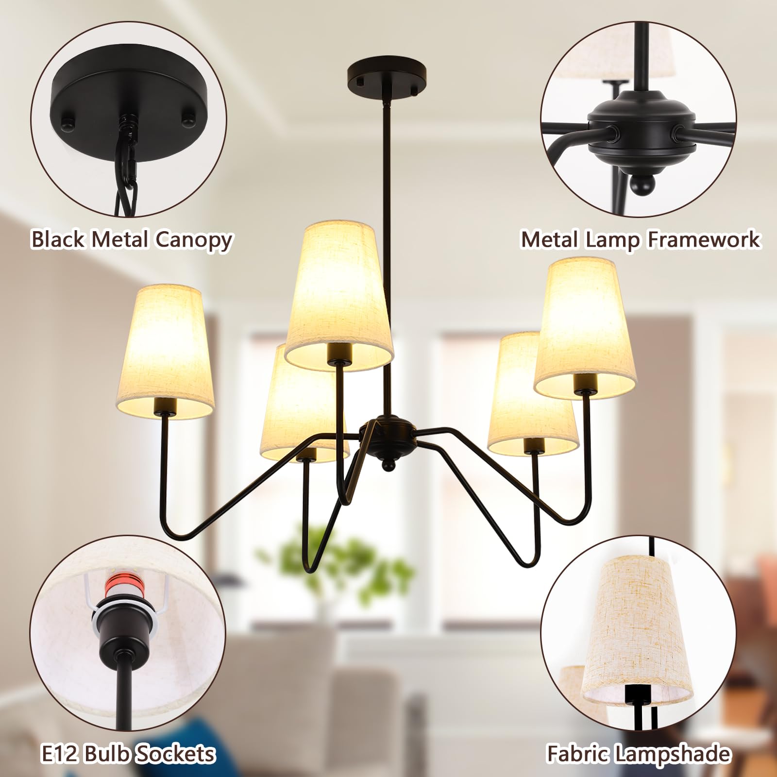 FIYUEOYI 5-Light Modern Chandeliers, Pendant Lights Fixture with Linen Beige Fabric Shade for Living Room Dining Room Bedroom Hallway Entryway, Height Adjustable