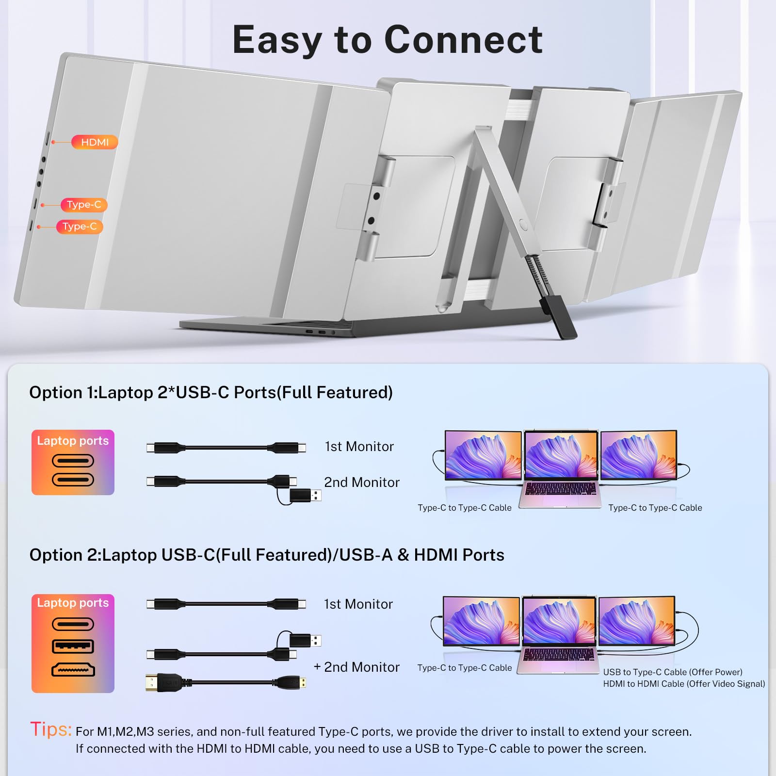 Fzaqwen Triple Screen Laptop Monitor Extender - 2.5K QHD IPS Triple Portable Monitor for Laptop 13.3-17 Inch, Plug Play and Compatible with MacOS/Wins/Chrome/Dex (Silver)