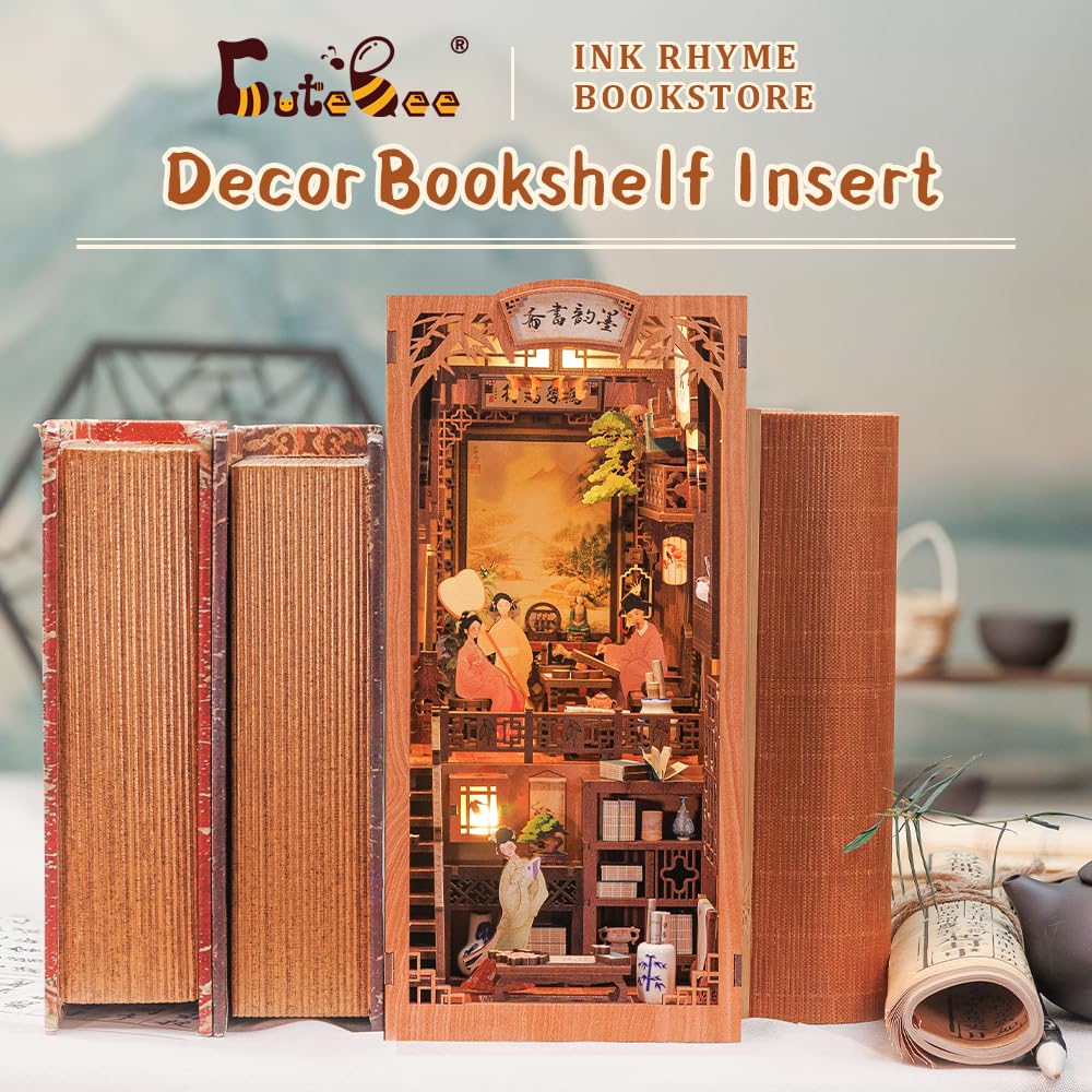 CUTEBEE Book Nook Kit - DIY Miniature House Dollhouse Kit for Adult and Teens, Booknook Bookshelf Decor Alley Model Build with LED Light, Gifts for Family and Friends (Ink Rhyme Bookstore)