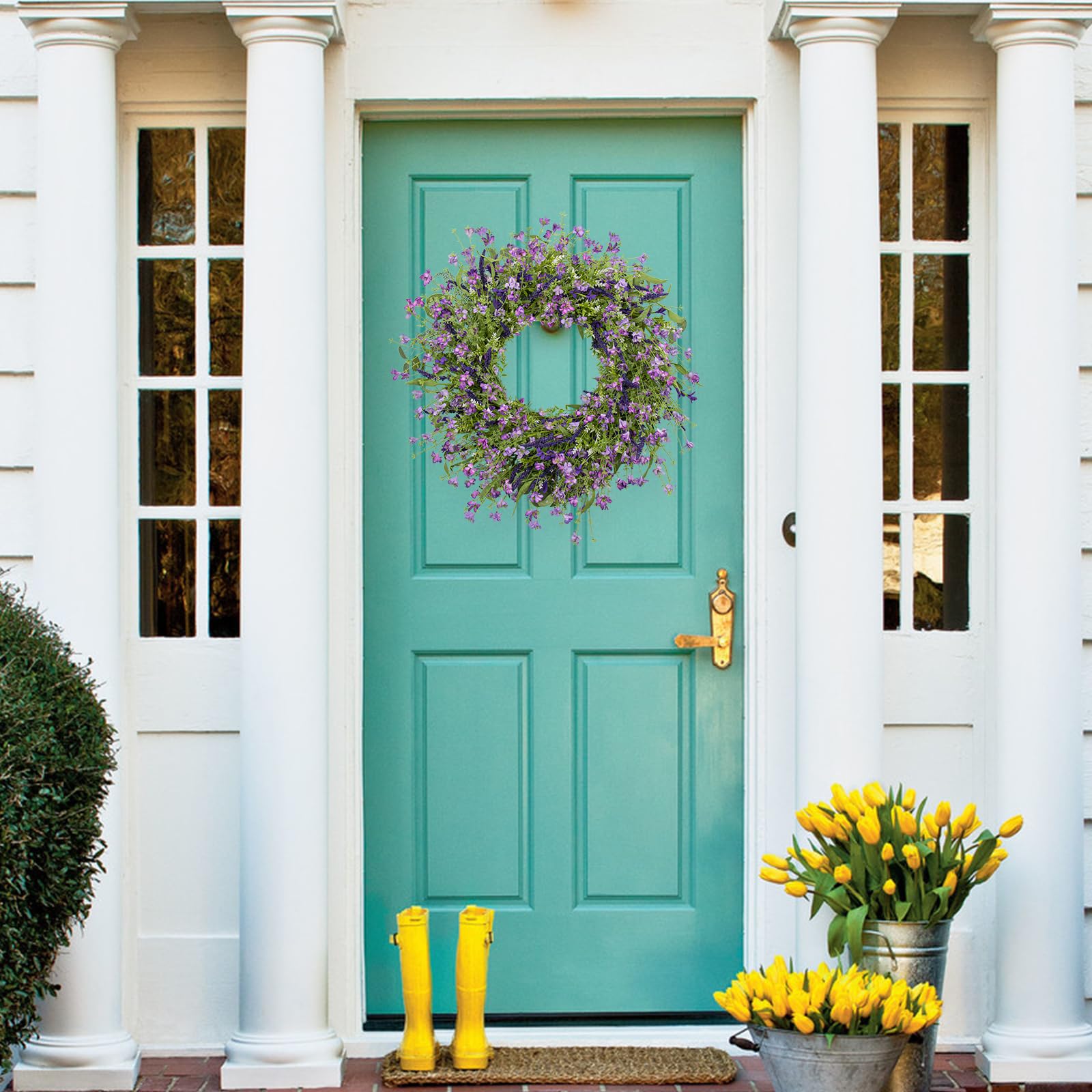 LLZLL Purple Spring Wreaths for Front Door 22 Inch Summer Wreath Artificial Violet Lavender Wreath with Eucalyptus Leaf for Spring Easter Home Decorations