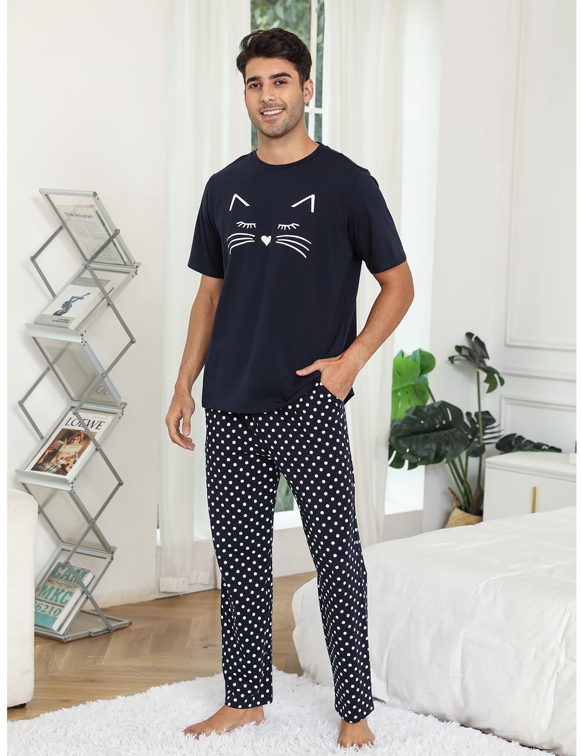 EISHOPEER Men's Cotton Cute Printed Sleepwear Top & Long Sleeve Bottom Pajama Lounge Set Navy Blue Large