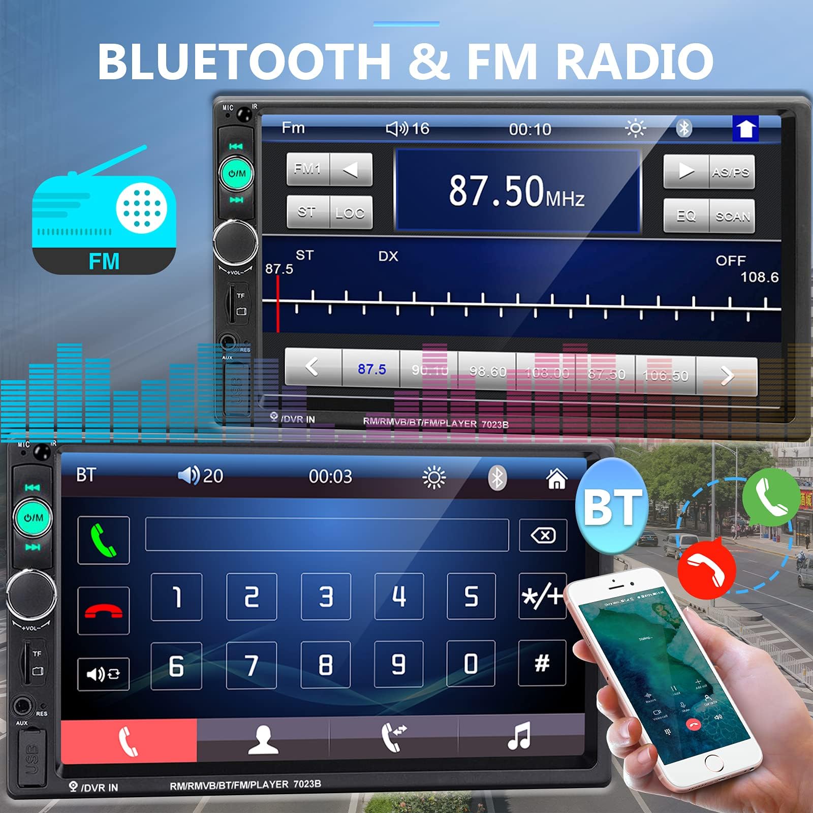 Podofo Car Stereo Double Din Car Radio 7 Inch MP5 Player with HD Touch Screen Digital Display Bluetooth Multimedia Support PhoneLink USB SD Aux-in 2 Din Autoradio with Backup Camera