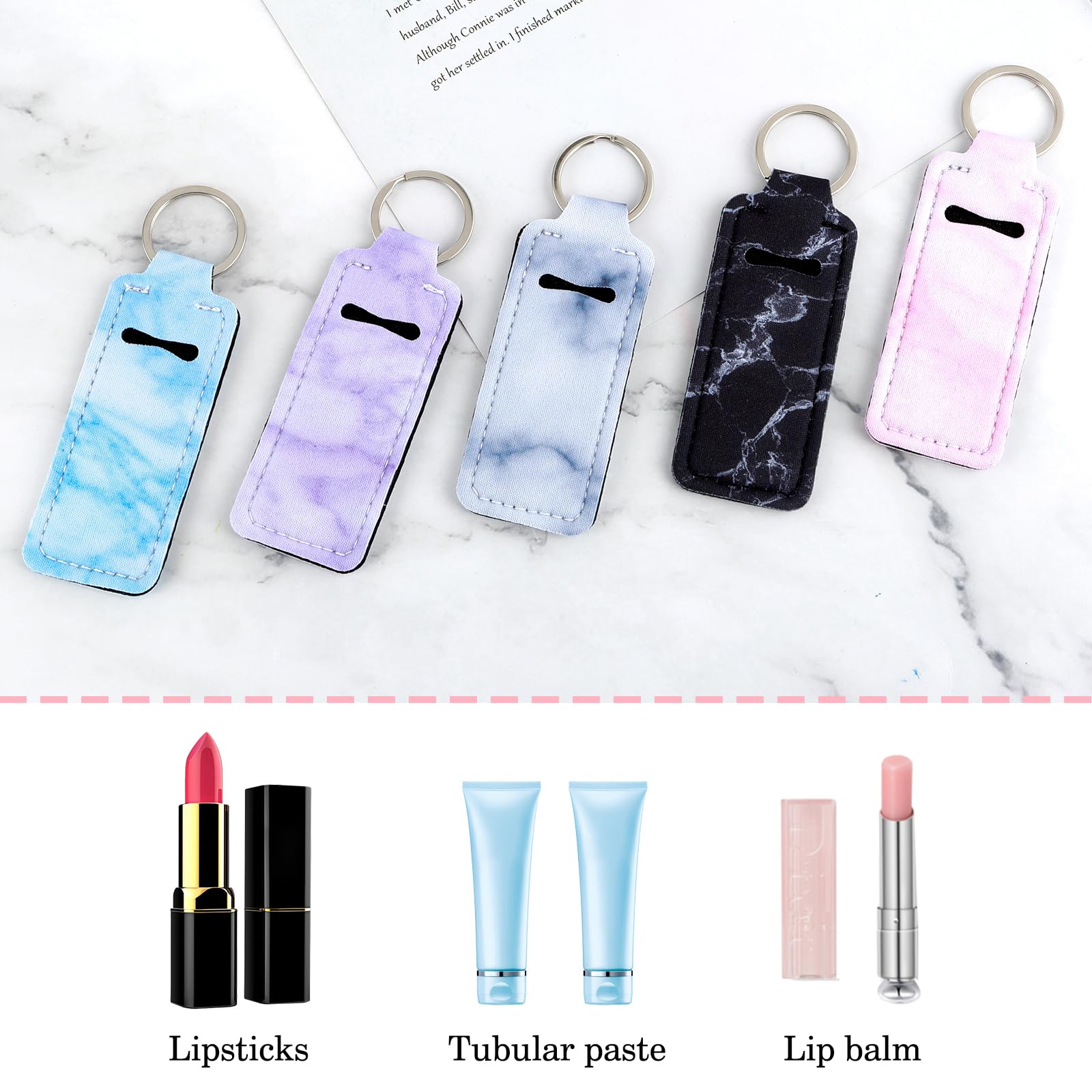 DIVINA VITAE 5 Pcs Chapstick Holder Keychain with 5 Pcs Metal Clip Cords,Neoprene Lip Balm Holder Keychain Cute Chapstick Keychain for Chapstick Tracker and Safeguard(5 Styles)