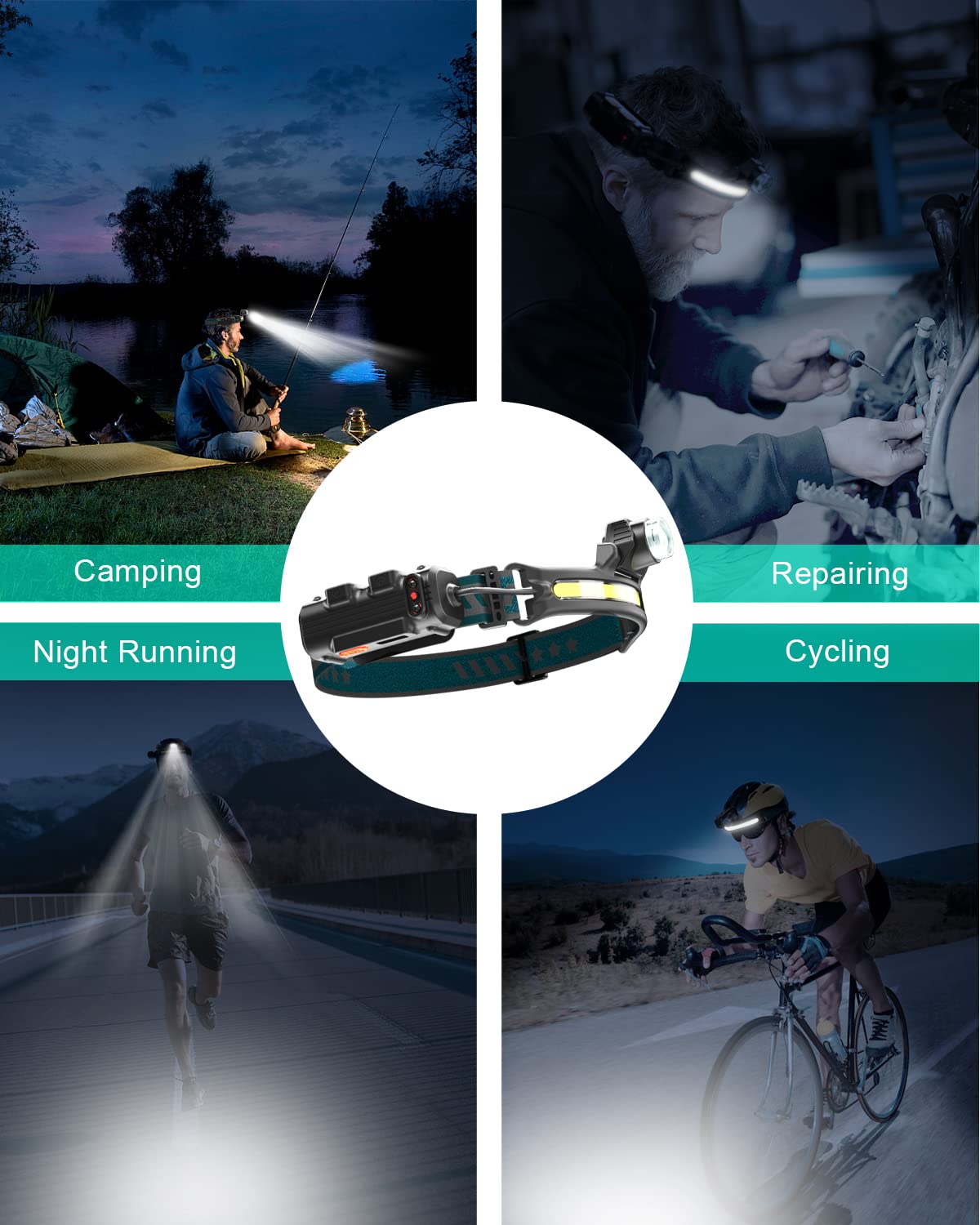 Pluralla LED Headlights, Rechargeable Headlamps, with 270° Wide Beam Headlights, 1000 Lumens Super Bright 6 Modes&Motion Sensors Sweat Proof Head Flashlight for Outdoor Camping Fishing Running