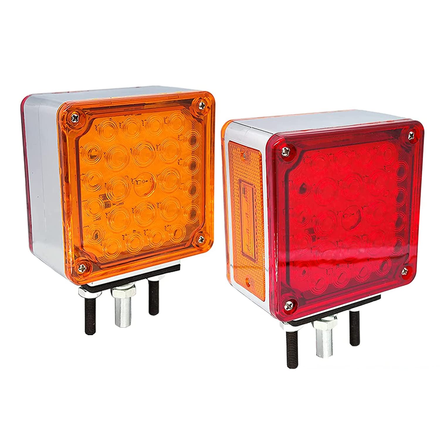 2 PCS Amber/Red Double-Face Pedestal Fender Light with Stud Mount, Square 52 LED Stop Turn Tail Signal Trailer Light for Semi Trucks Peterbilt Kenworth Freightliner Towing Dual-Face Orange Waterproof