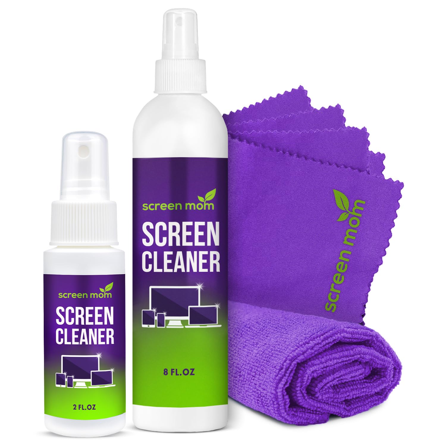 Screen Cleaner Spray and 4 Microfiber Cloths Bundle 8oz & 2oz, by Screen Mom, Eyeglasses or Monitor Screen Cleaner Spray and Wipe, Electronic Cleaner Spray, Car Screen Cleaning Kit