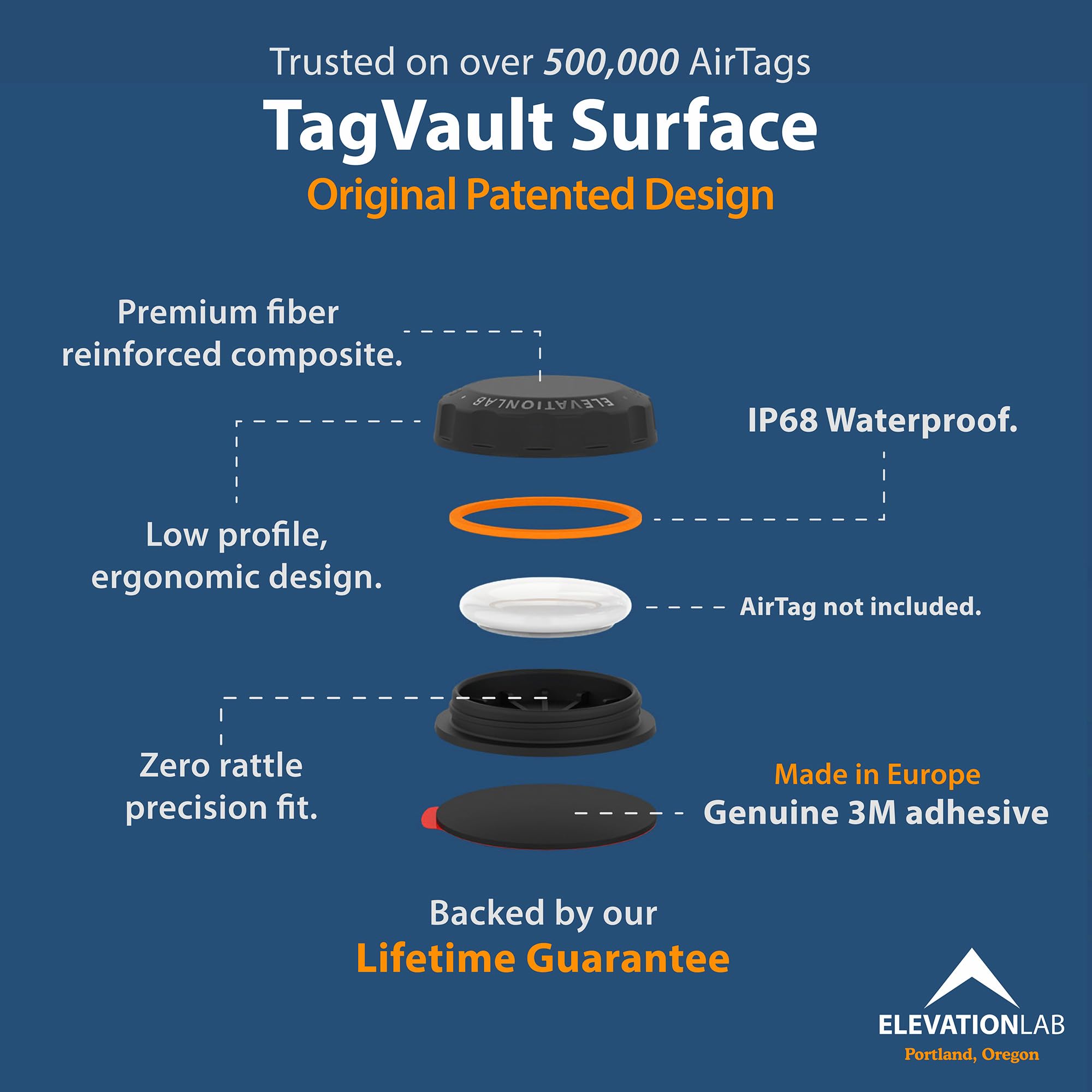 Elevation Lab TagVault™ Surface AirTag Adhesive Mount - The Original Waterproof AirTag Stick-On Holder | 3M VHB, Ultra-Durable, Screw-On Design, Find Your Bike, Car, Skis, & More