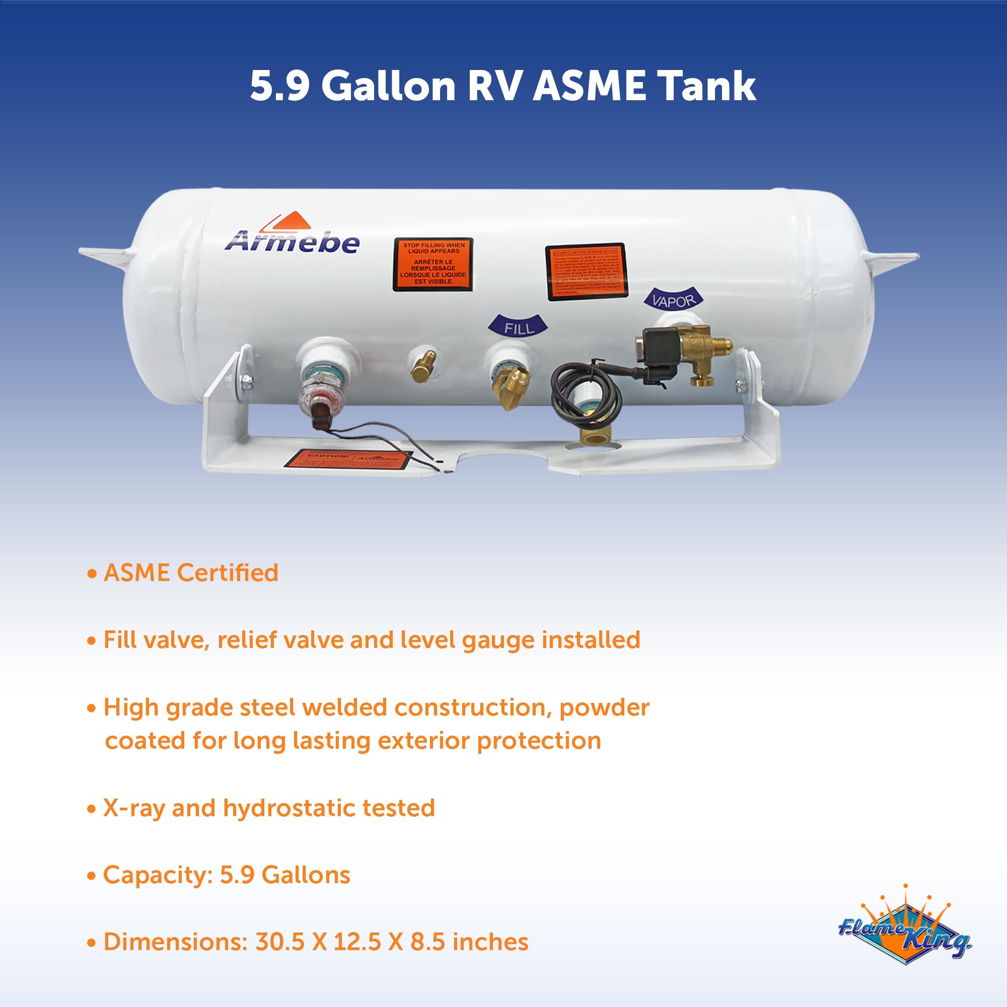Flame King 5.9 Gallon ASME Horizontal Steel Propane Tank with Remote Fill and Bleeder Fittings, Pressure Relief Valve, and Solenoid Service Valve