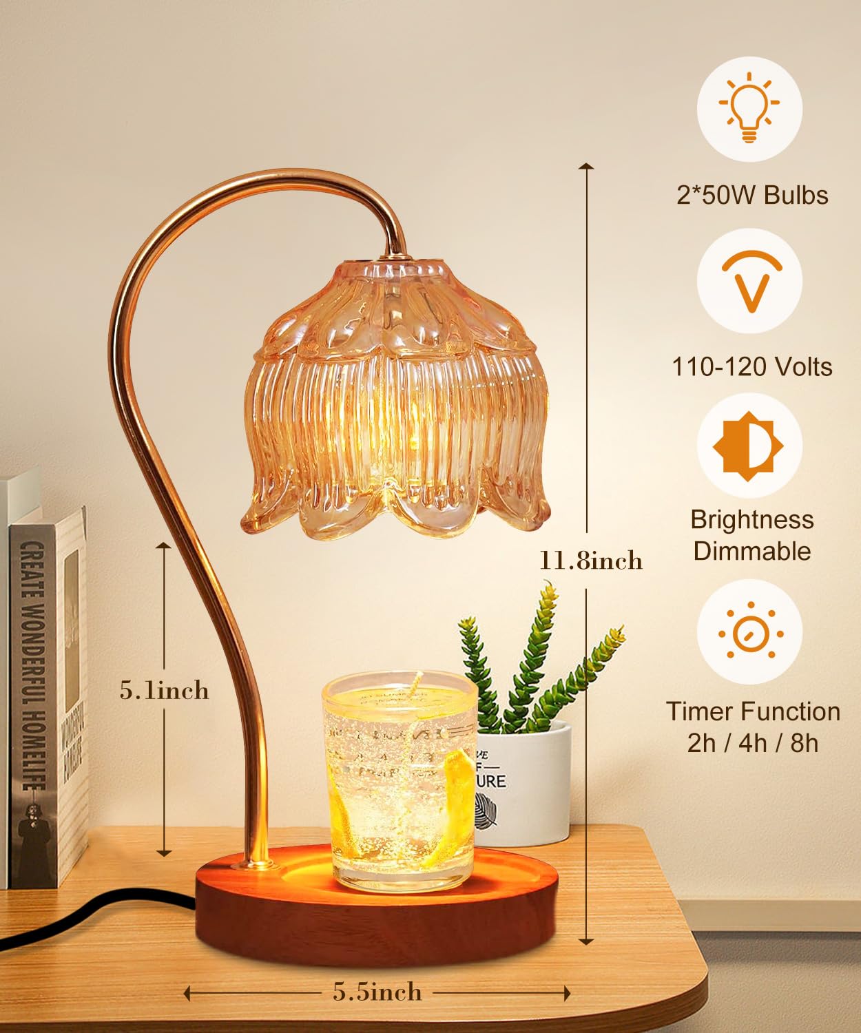 Candle Warmer Lamp Dimmable with Timer- Mothers's Day Gifts for Mom, House Warming Gifts, Fragrance Flower Candle Lamp Warmer with 2 * 50W Bulbs, Wax Melter Warmer Lamps for Jar Candle