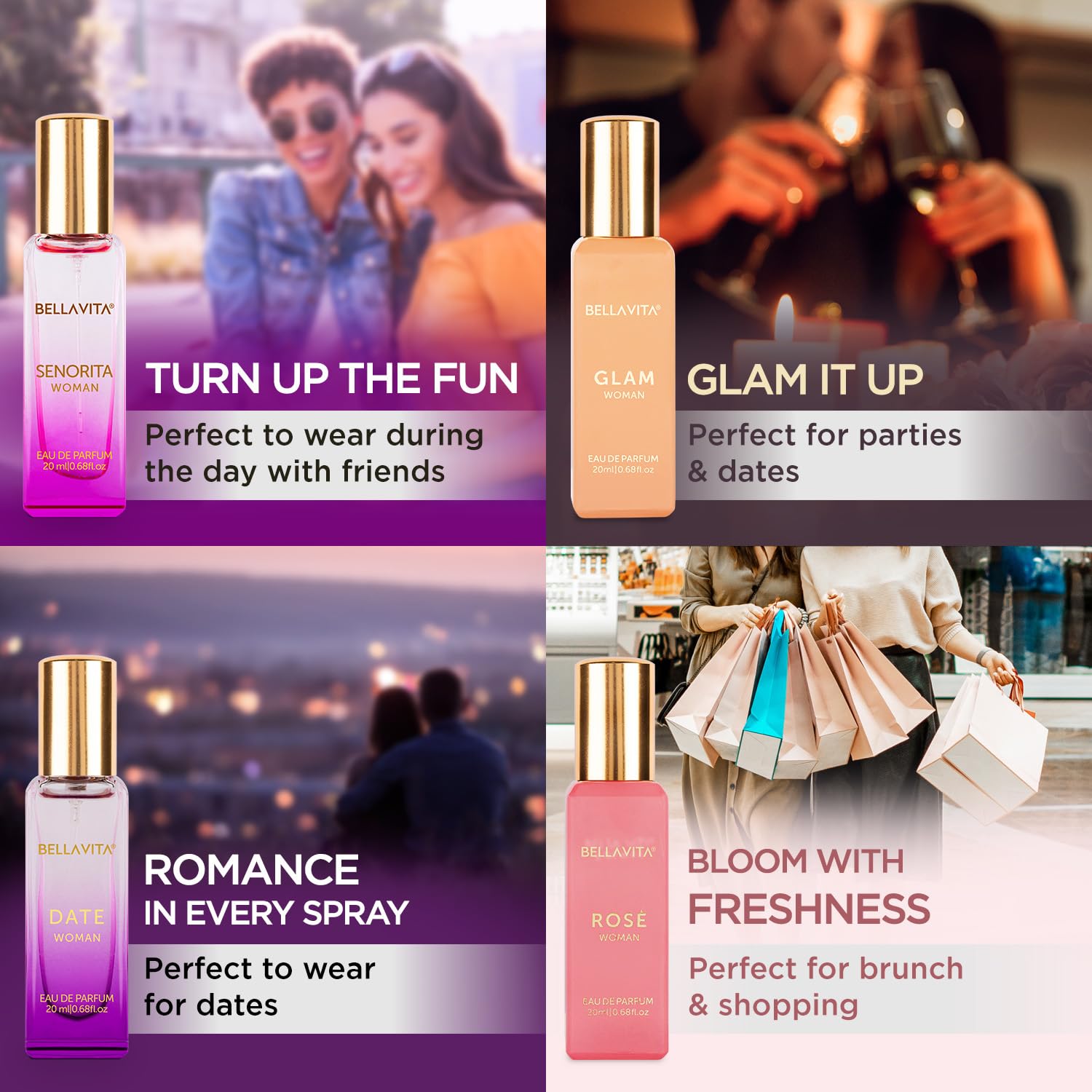 Bella Vita Luxury Eau De Parfum Set for Women (4x20 mL) with Date, Senorita, Glam, Rose | Vanilla, Floral, Sweet, Musk | Perfect for trials, gifting, or blending to craft your unique fragrance