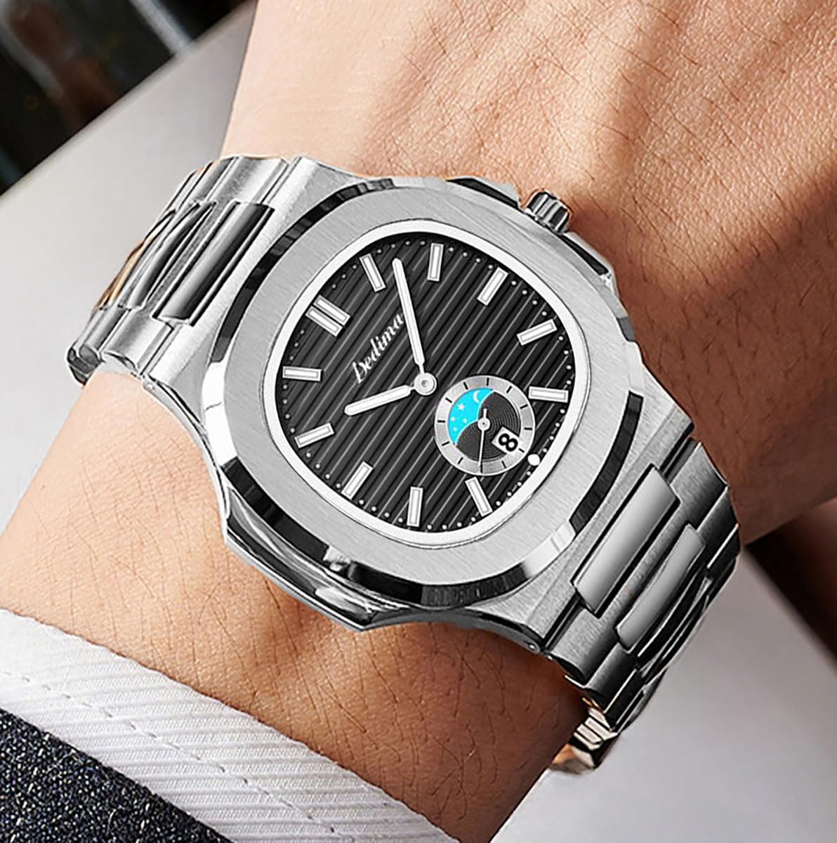 BESTKANG Men's Octagonal Stainless Steel Watch Luminous Quartz Watch Business Wristwatch (Black)