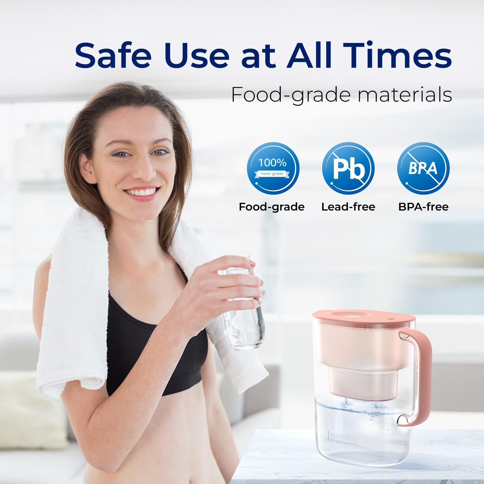 Waterdrop 200-Gallon Long-Life Lucid 10-Cup Large Water Filter Pitcher, NSF Certified, 5X Times Lifetime, Reduces PFOA/PFOS, Chlorine, BPA Free, Pink