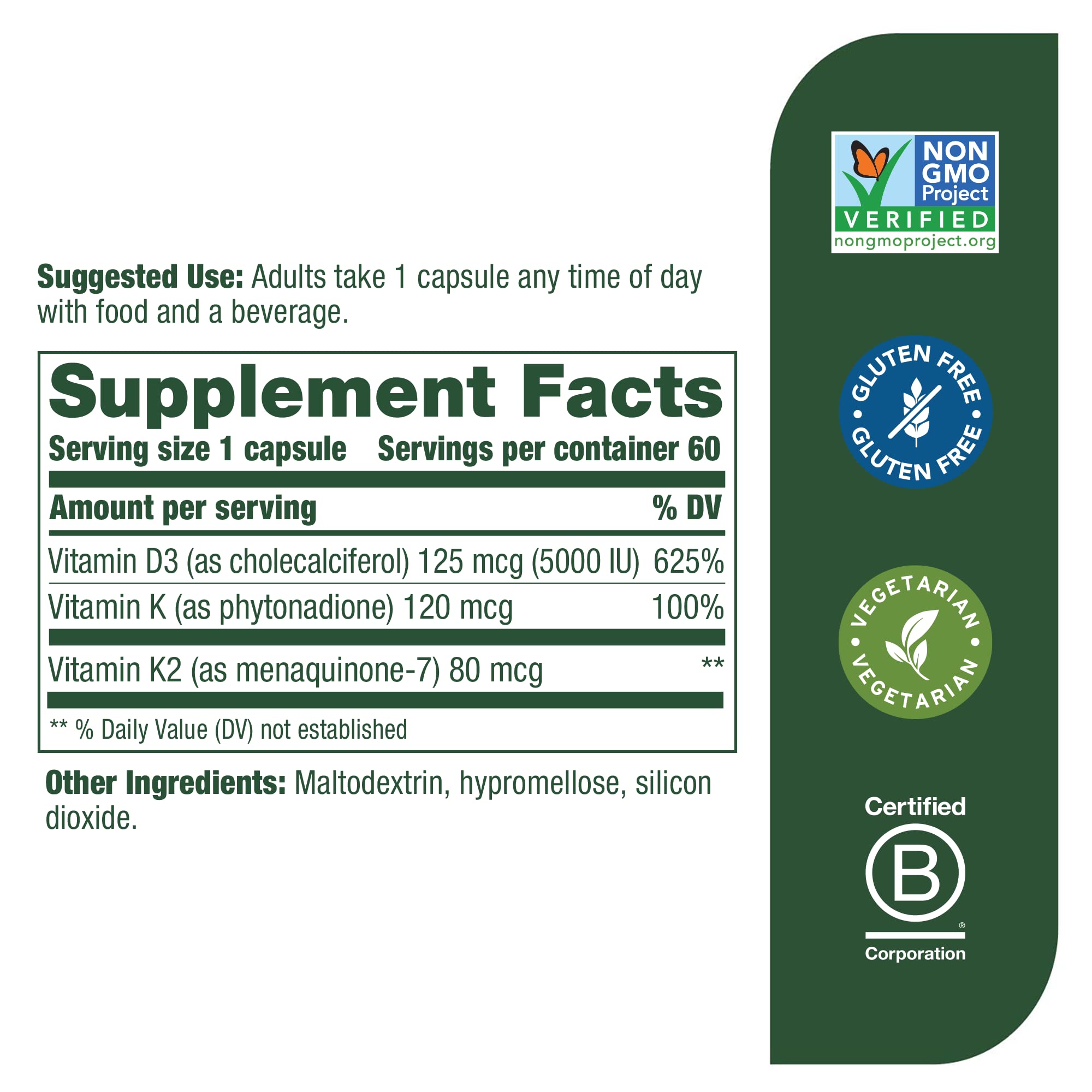 MegaFood Vitamin D3 5000 IU (125 mcg) - Vegetarian Vitamin D Supplements with Vitamin D3 K2, Supports Bones, Teeth, Muscles & Immune Health, Certified Non-GMO - 60 Mini Capsules, 60 Servings