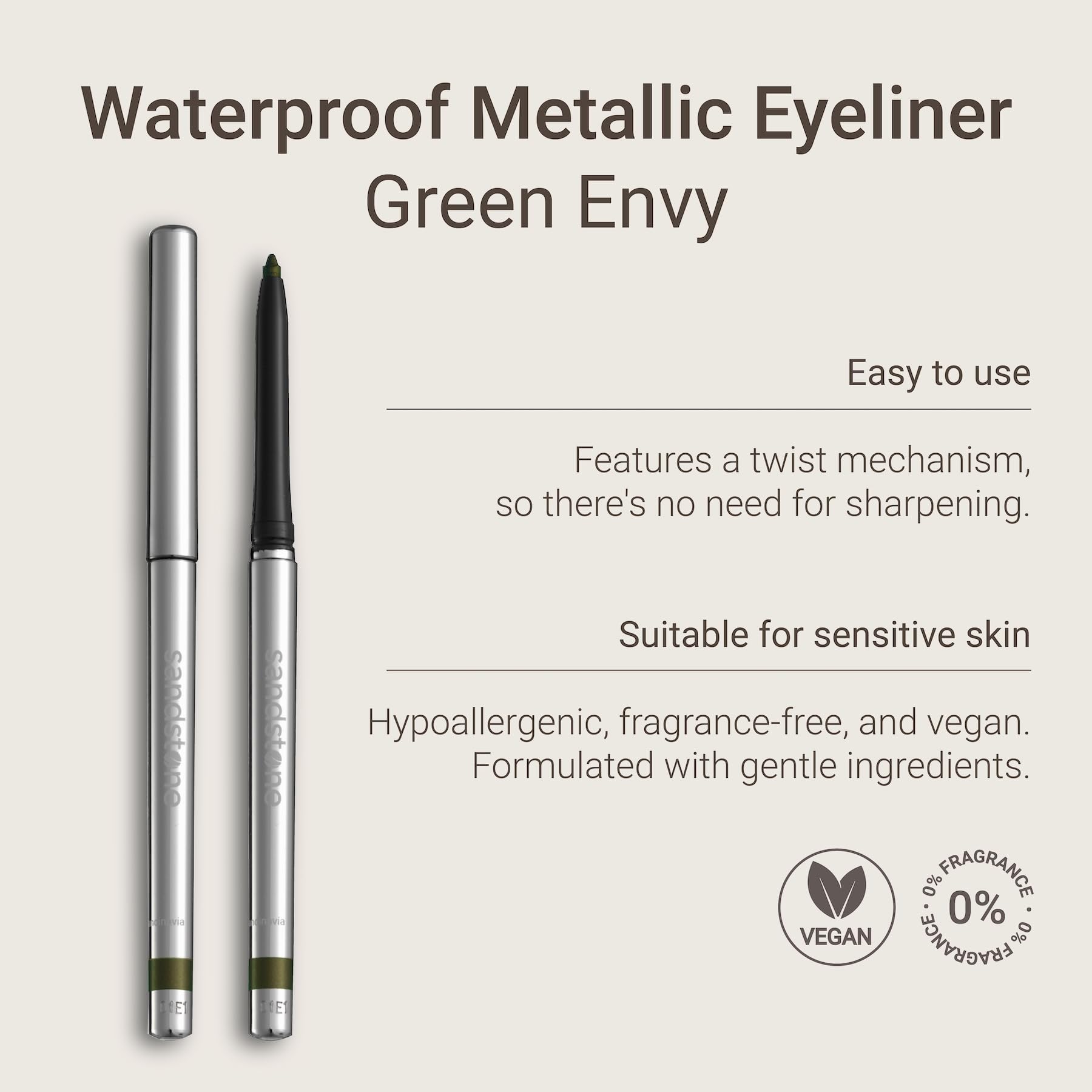 Sandstone Scandinavia Hypoallergenic Waterproof Metallic Eyeliner Pencil – Green – Fragrance-Free, Vegan – Smudge-Proof Eye Liner for Sensitive Eyes