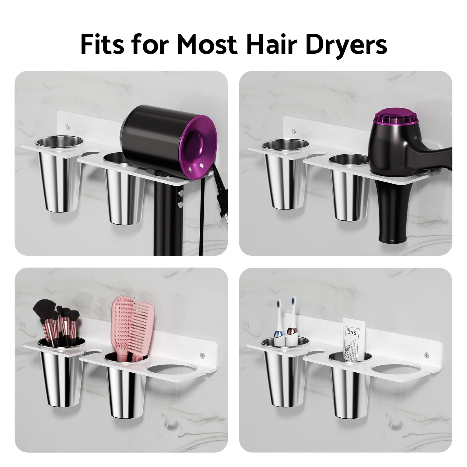 HIIMIEI Hair Tool Organizer Wall Mount, White Acrylic Hot Tool Holder with 2Cups, Bathroom Hair Styling Accessories Storage Organizer for Flat Iron, Blow Dryer, Curling Wand