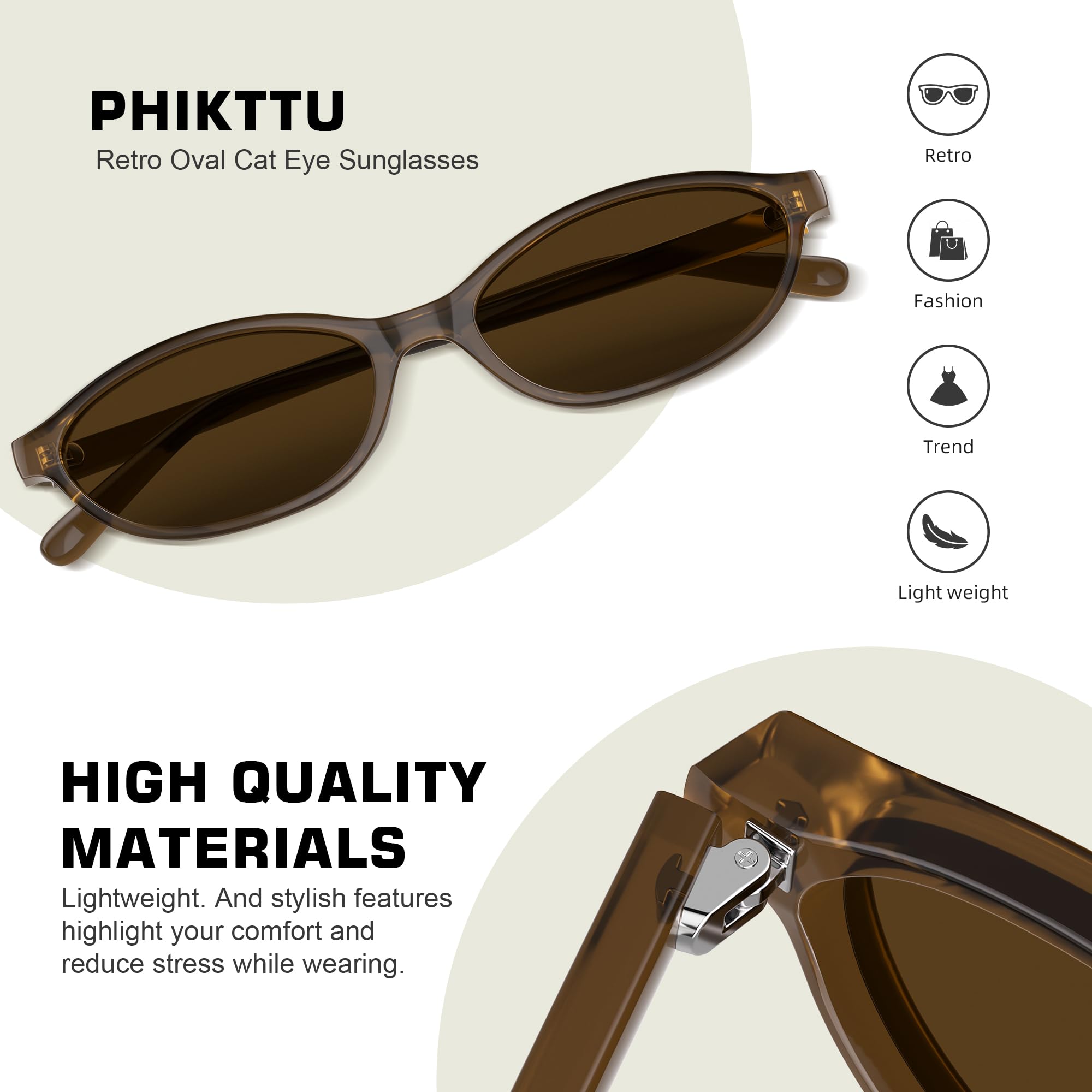 phikttu Sunglasses Womens Retro Oval Sunglasses for Women - Cat Eye 90s Glasses Y2K UV400 Lightweight Narrow Shades