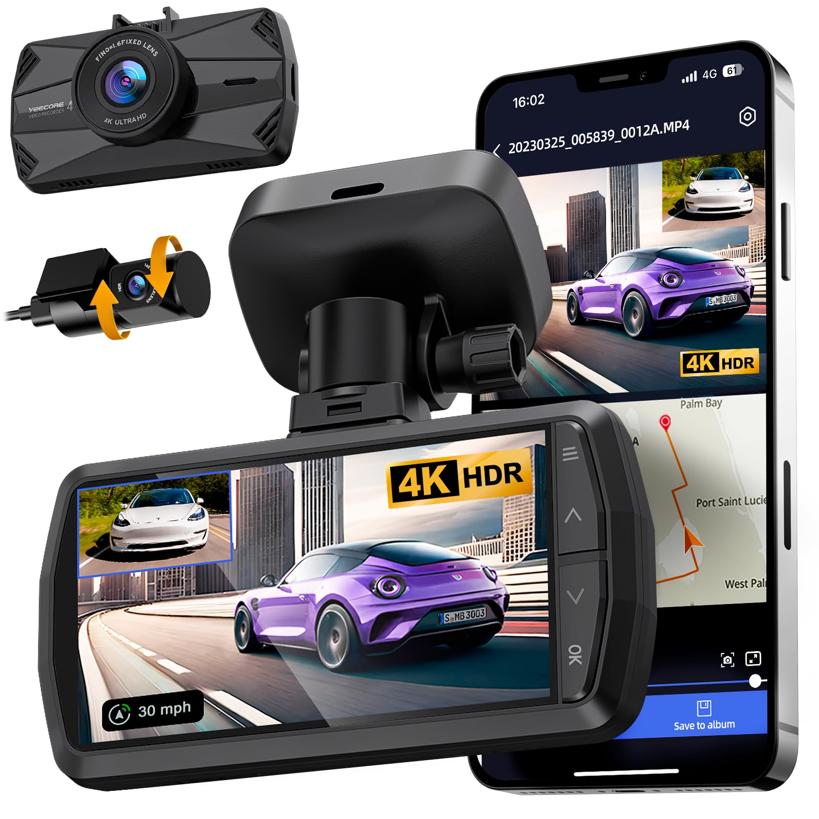 YEECORE Dash Cam Front and Rear, Real 4K+1080P Dual Dash Cam, Built-in WiFi GPS, 3.3 Inch Eye-Care Screen, HDR Night Vision, 24H Parking Mode, 157°Wide Angle Dash Camera for Cars, Loop Recording