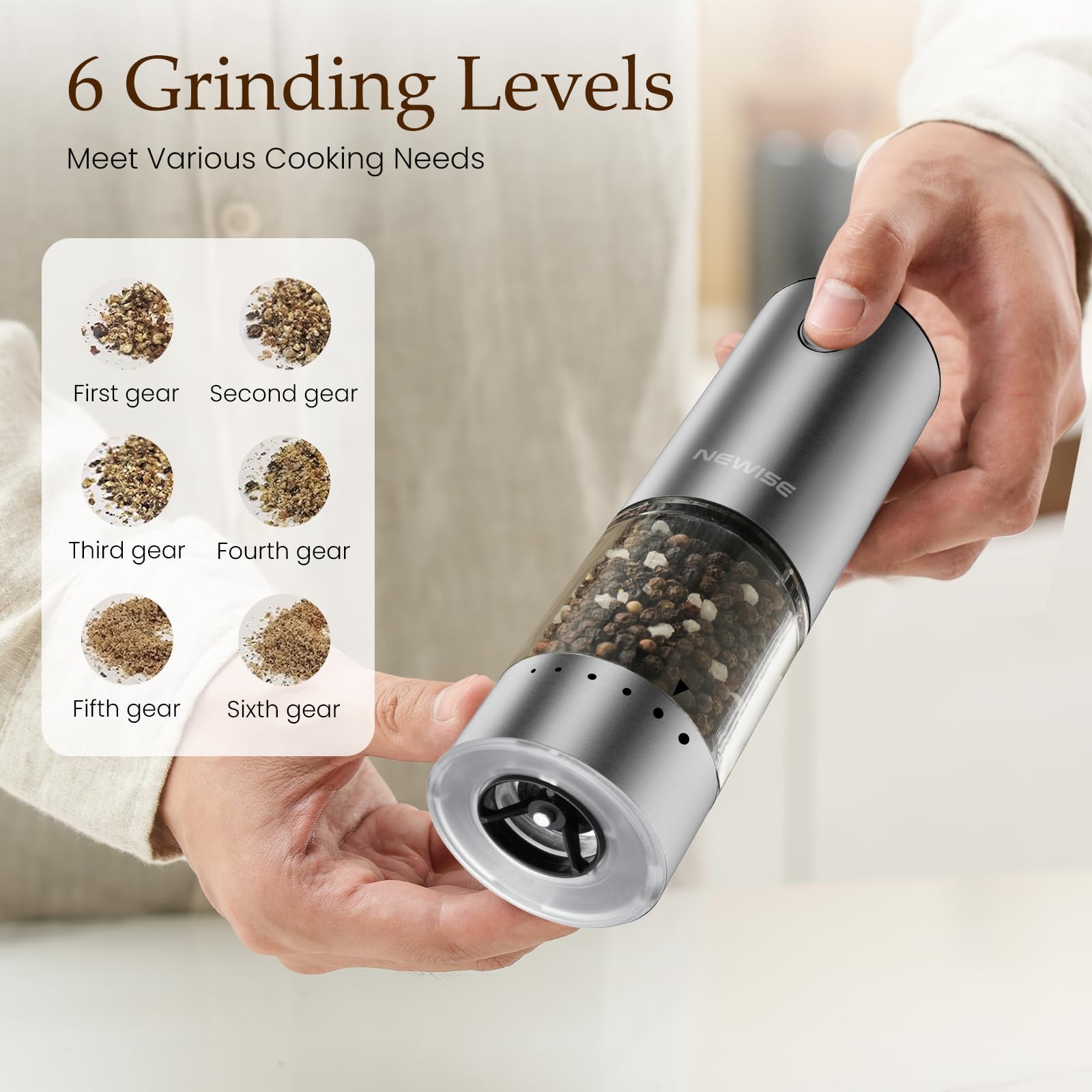 Newise Electric Salt and Pepper Grinder Set - Birthday Kitchen Gifts for Women, Mom, Rechargeable with LED Lights, Stainless Steel Automatic Mill, Adjustable Coarseness, Large Capacity, Silver
