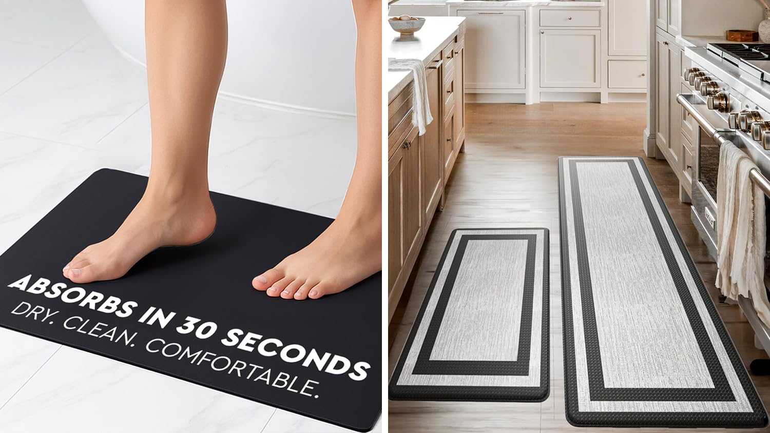 Homergy 3-Pack: Bath Mat (16×24, Black) & Anti-Fatigue Kitchen Mats (18×30, 18×60, Fabric Black)