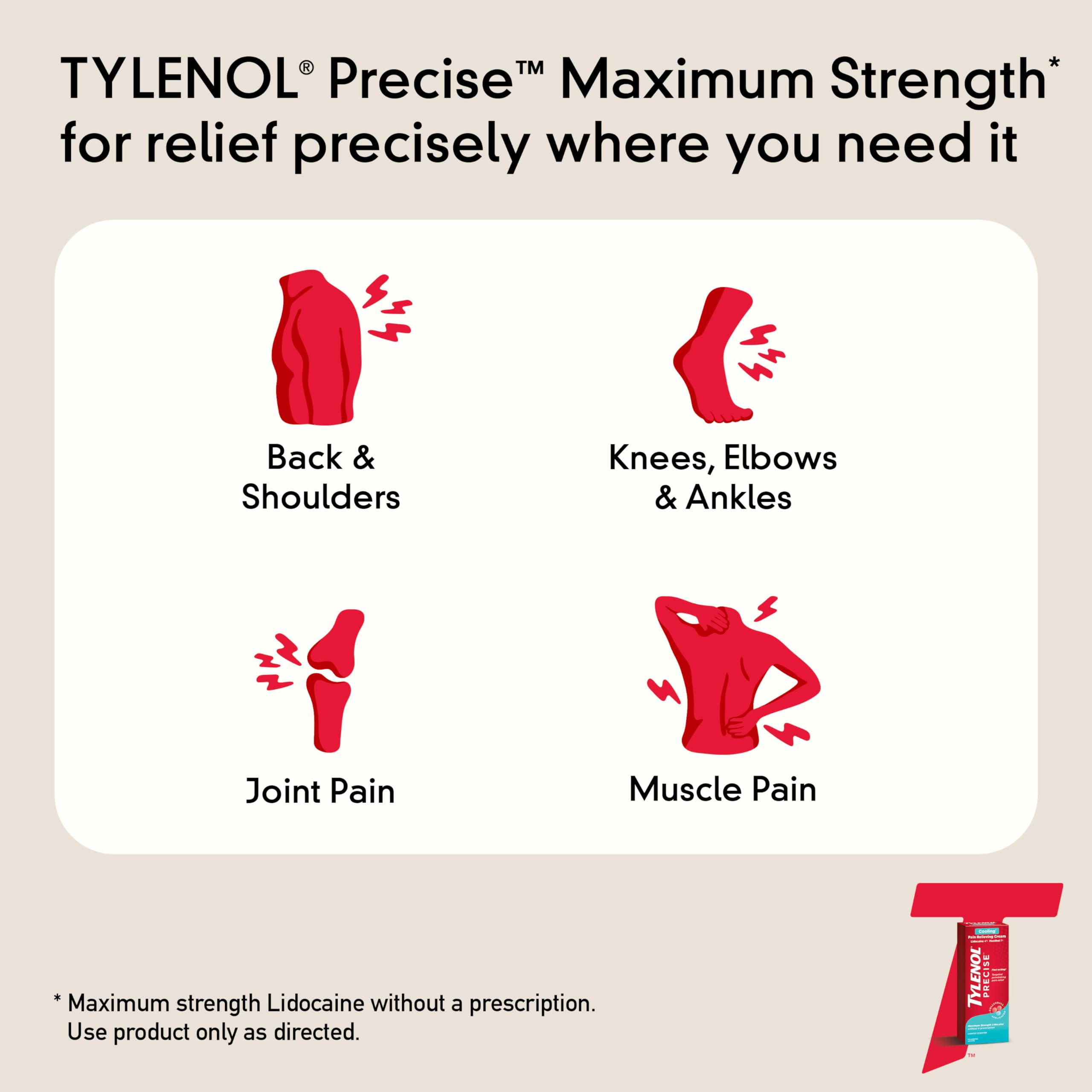 Tylenol Precise Cooling Pain Relieving Cream, Maximum Strength 4% Lidocaine & 1% Menthol Cream for Joint Pain, Fast-Acting, Penetrating Pain Relieving Cream, Light Scent, 4oz