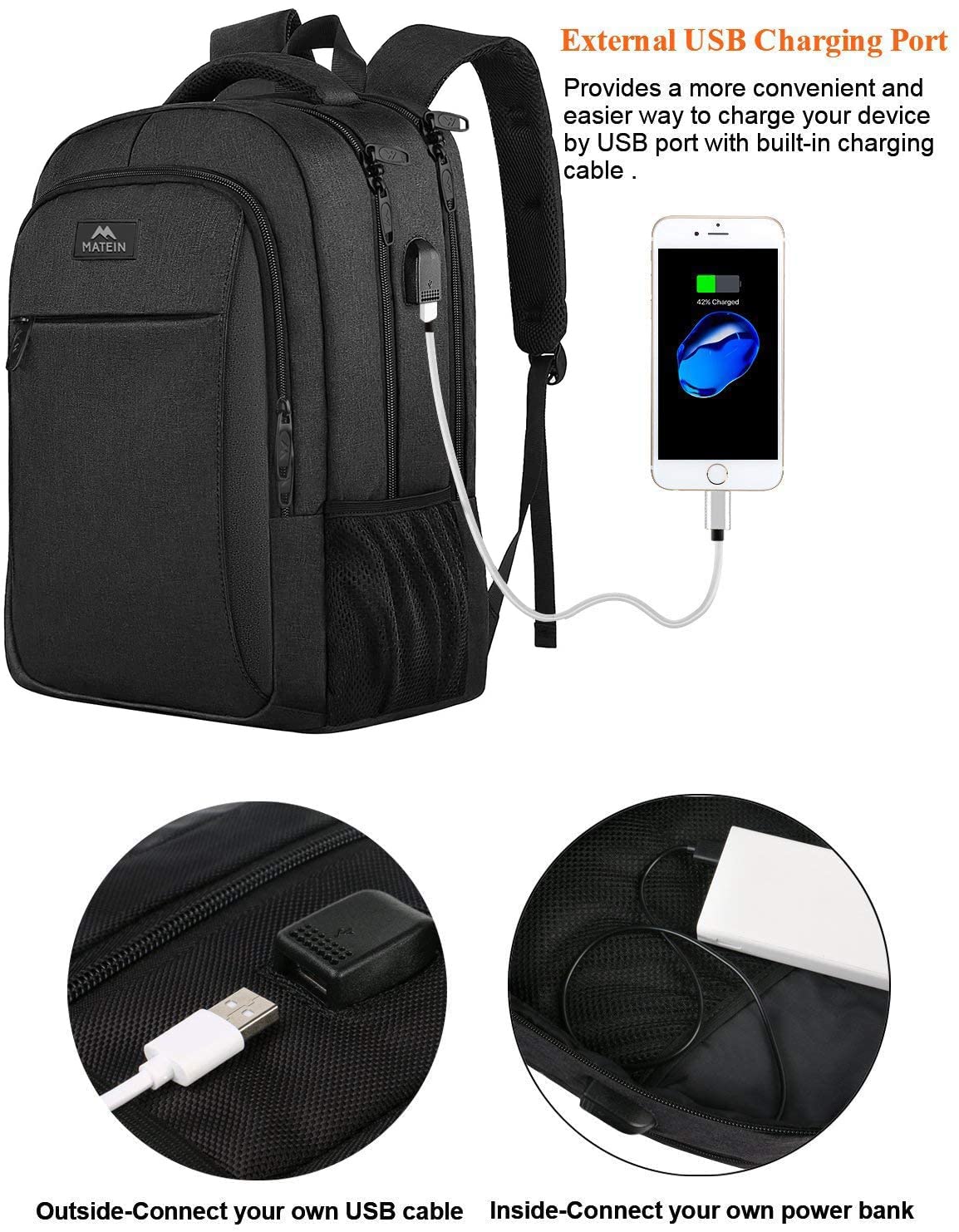 MATEIN Business Laptop Backpack, 15.6 Inch Travel Laptop Bag Rucksack with USB Charging Port, Water-Resistant Bag Daypack for Work College Computer Men Women Backpack, Black