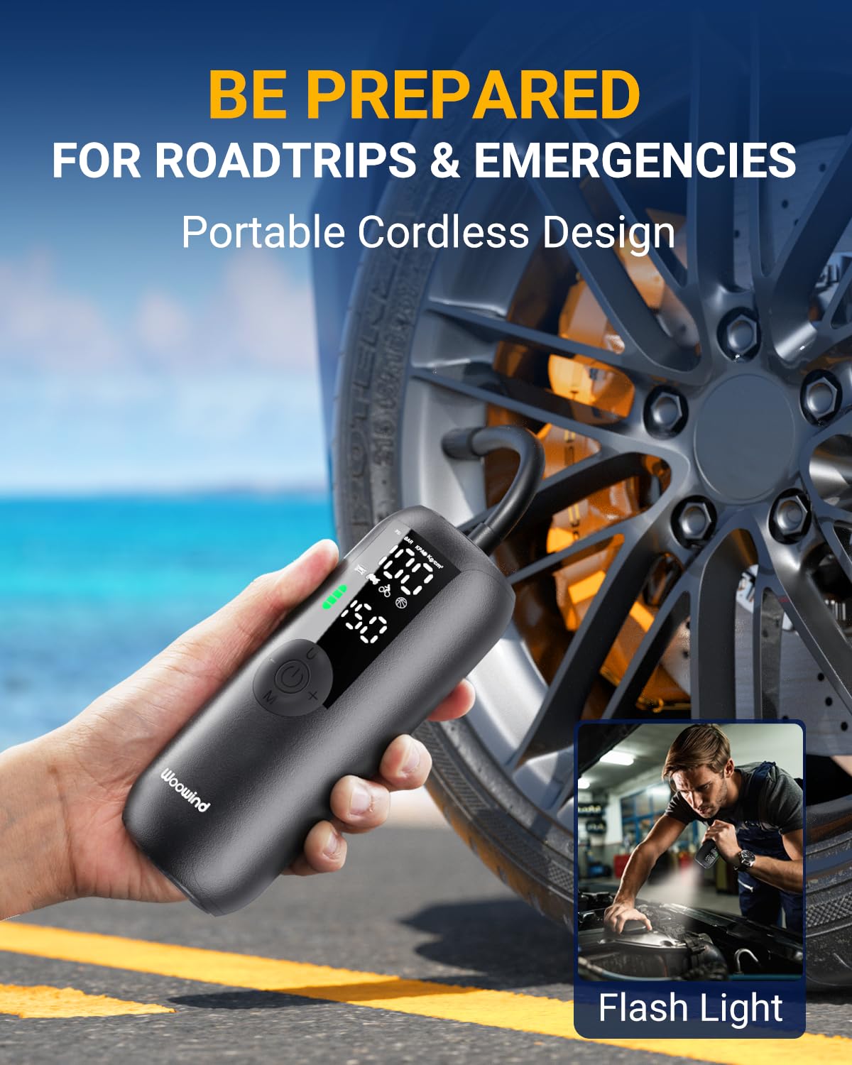 Woowind LP1 Tire Inflator Portable Air Compressor Bike Pump 150PSI Air Pump for Car Tires Auto Off Tire Pump with Presta, Schrader and Dunlop Valve