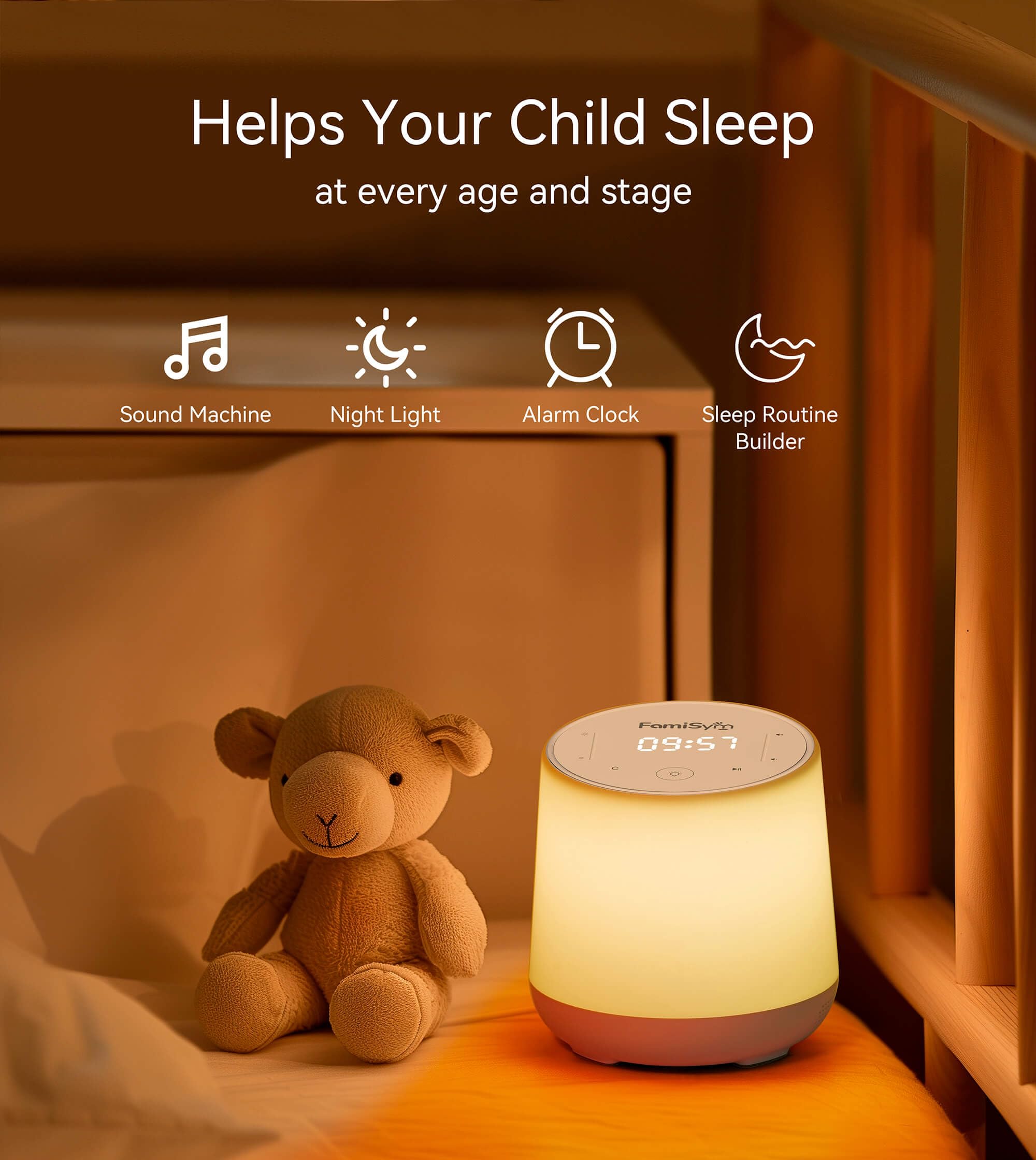 FamiSym White Noise Sound Machine for Baby Kids, Nursery Night Light, Alarm Clock, Dimmable Clock & Temperature Display, 34 Soothing Sounds, Toddler Sleep Trainer, Baby Sound Machine for Sleeping