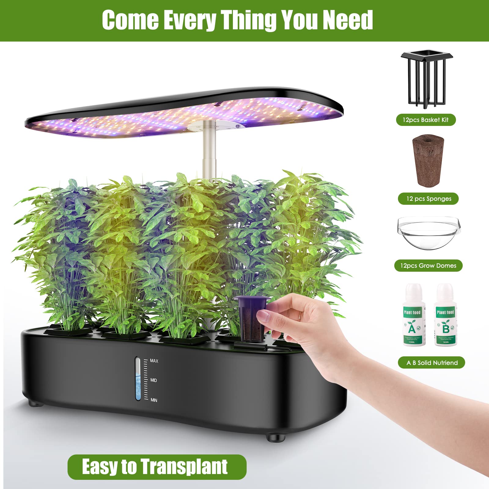 Large Tank Hydroponics Growing System 12 Pods, Herb Garden Kit Indoor with Grow Lights, Plants Germination Kit with Quiet Water Pump, Auto Timer, Height Adjustable to 20", Gardening Gifts Home Decor