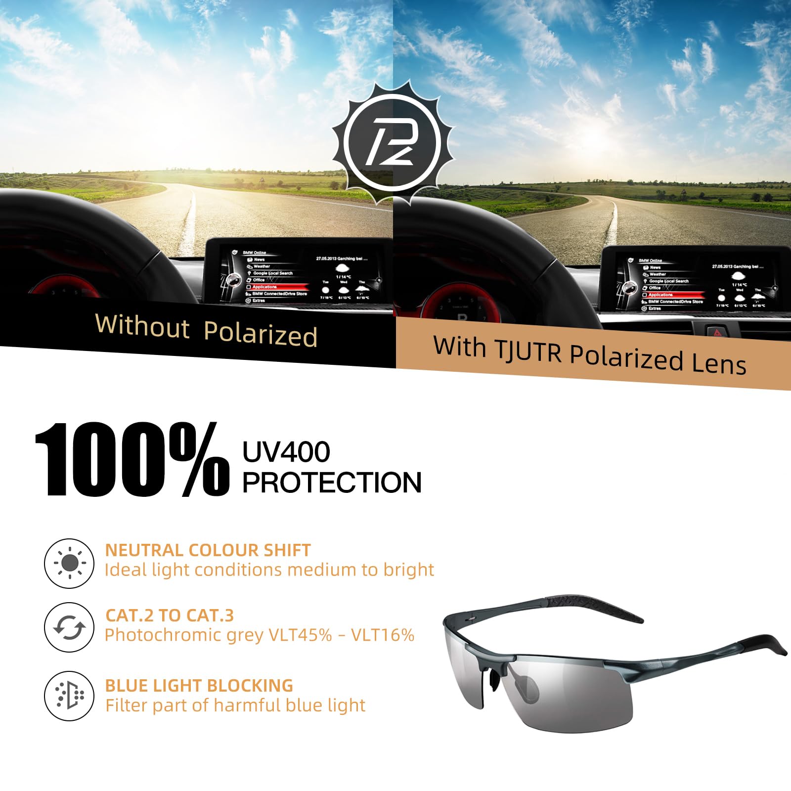 TJUTR Mens Polarized Photochromic Sunglasses Day & Night Driving Glasses Anti Glare | Ideal for Sport Cycling Driving