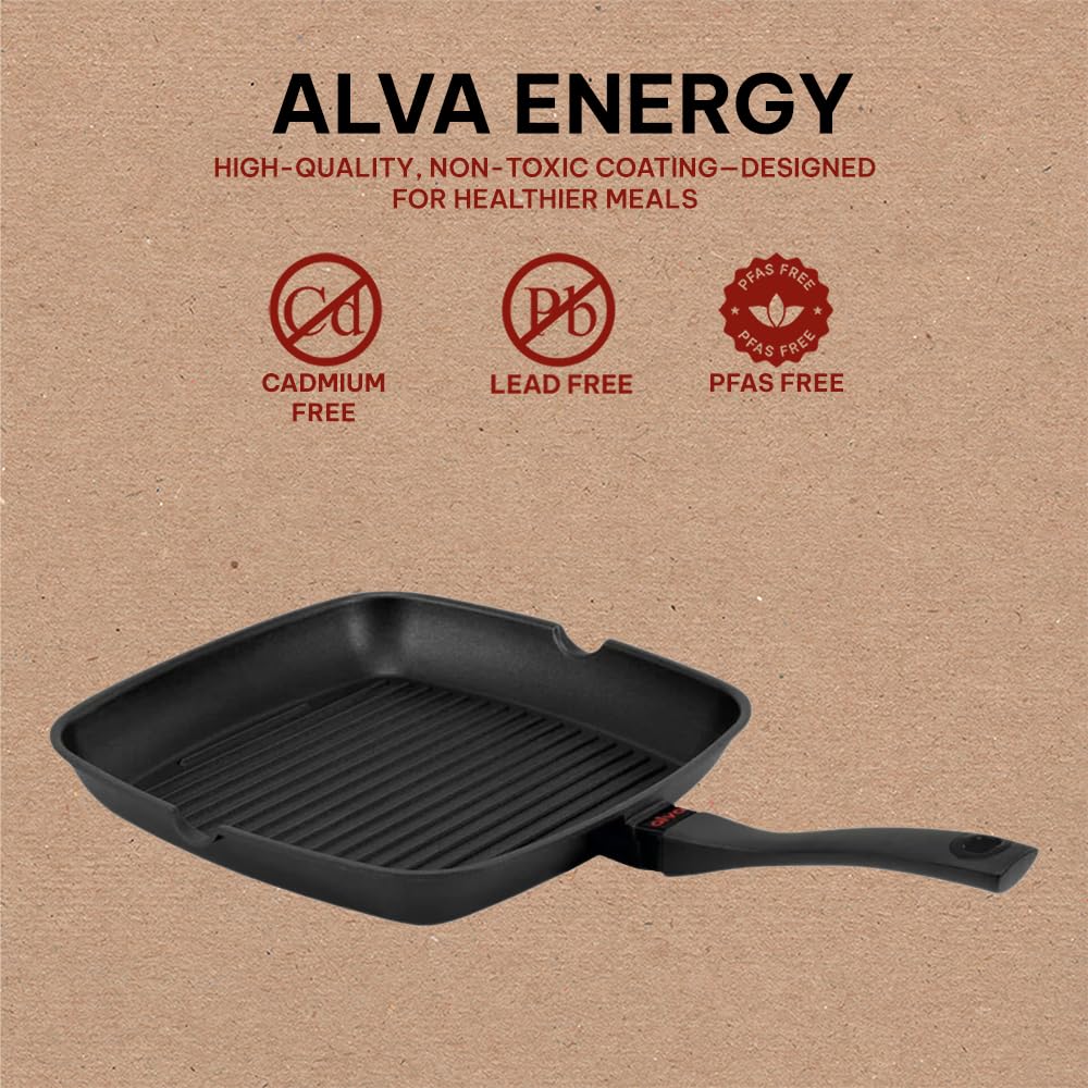 Alva Energy 11 Inch Ceramic Coated Cast Aluminum Grill Pan Nonstick Easy Clean Even Heating with Grill Marks Fat Drainage Lightweight Sturdy Indoor Oven Induction Cooking Stay Cool Balanced Handles