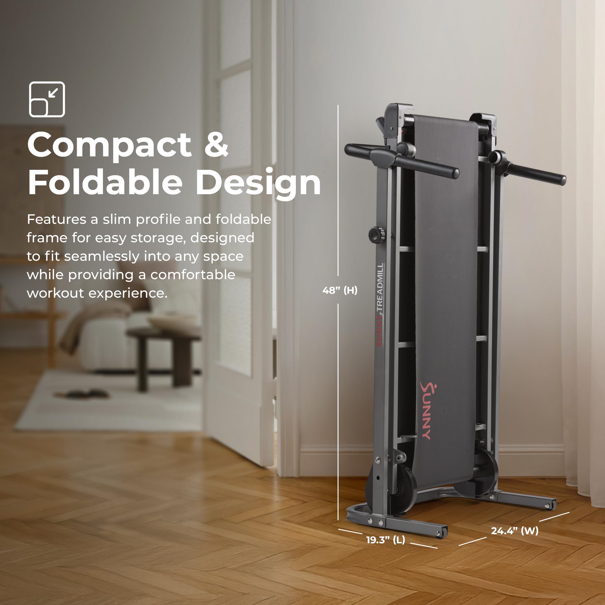 Sunny Health & Fitness Smart Manual Walking Treadmill, 300 LB Weight Capacity, Non-Electric, Fixed Incline, Compact & Foldable, Digital Monitor, Bluetooth Connection with SunnyFit App - SF-T1407SMART