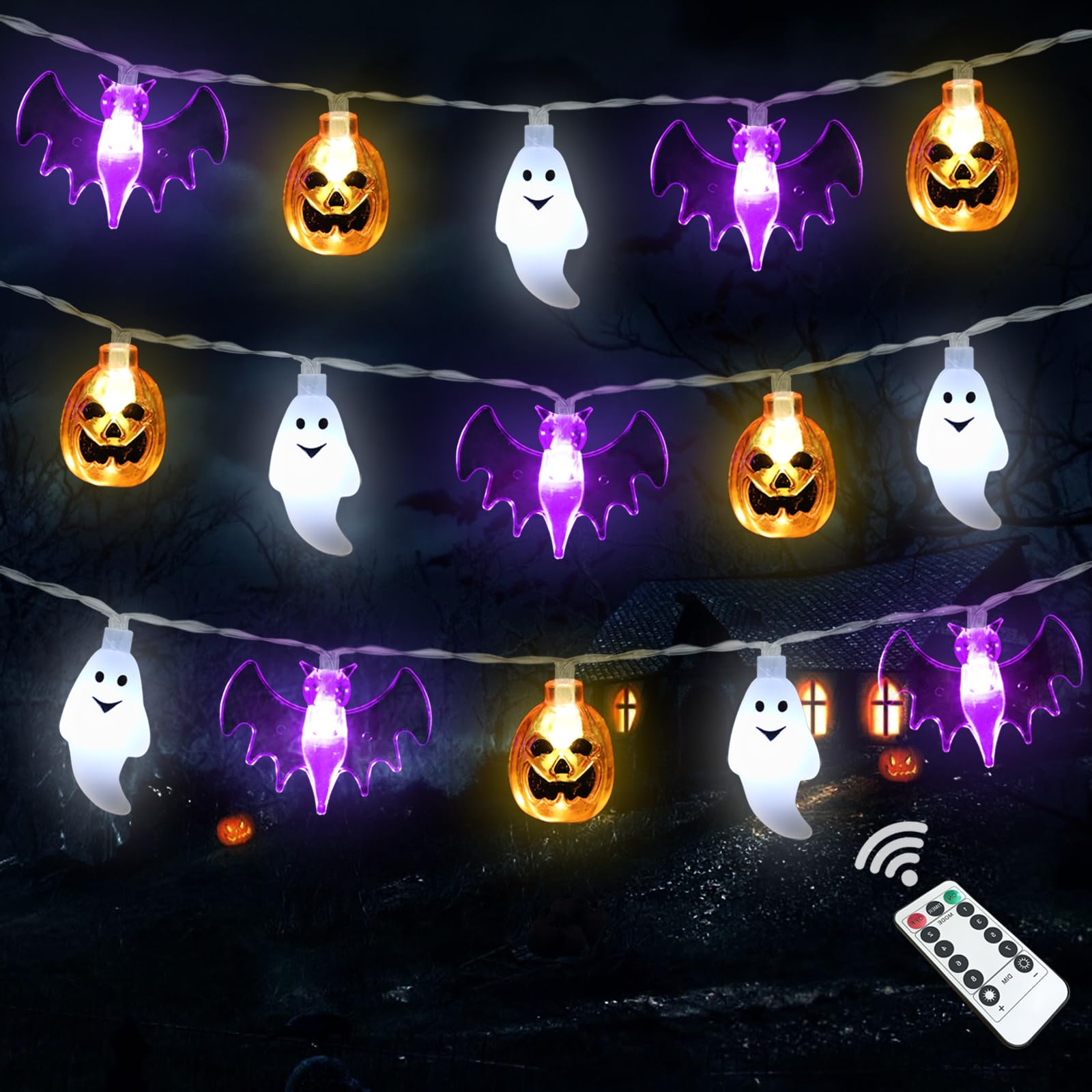 Halloween Lights, 16FT 30 LED Waterproof 3D Pumpkin Bat Ghost Battery Operated String Lights with Timer - 8 Lighting Modes Fairy Light for Window Indoor Outdoor Decor Halloween Party Decorations