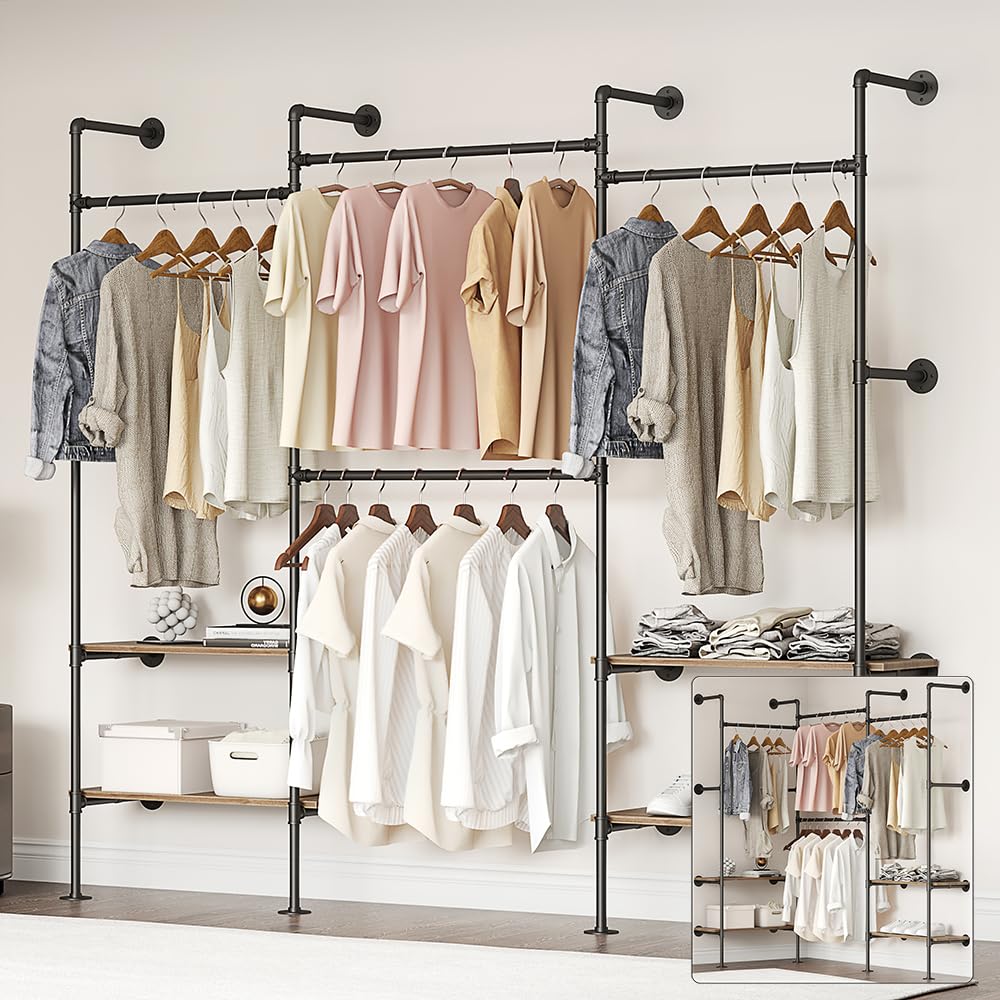 Woskar Industrial Pipe Clothing Rack, Wall Mounted Clothes Rack for Hanging Clothes, Retail Display Rack with Shelves, Add Corner installation Method (Black, III-2Tier)