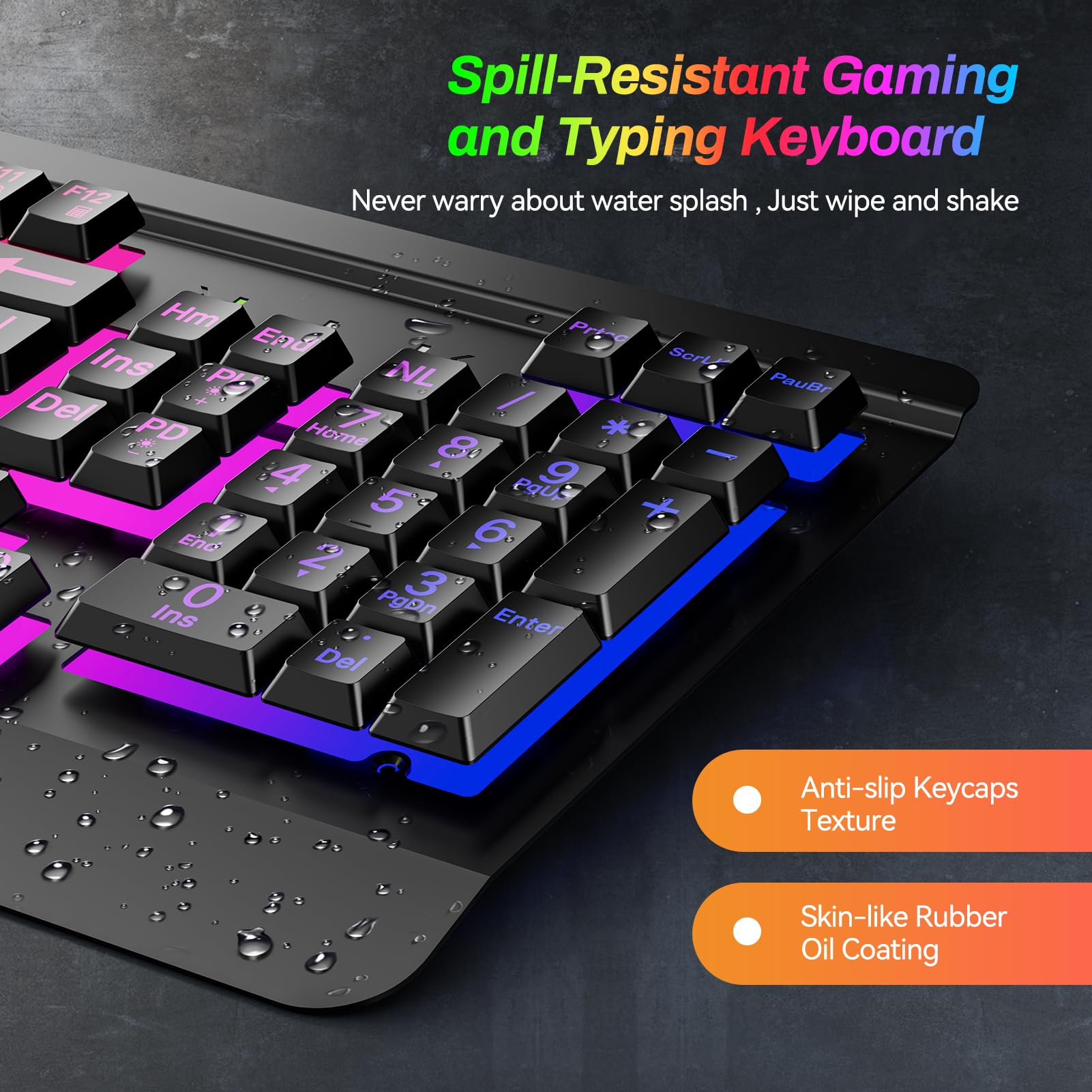 Gaming Keyboard with Large Print Keys, 7-Color Rainbow LED Backlit, Quiet Light Up Computer Keyboard with All-Metal Panel, Wrist Rest, Anti-Ghosting Multimedia Keys, USB Wired Keyboard for PC Mac Xbox