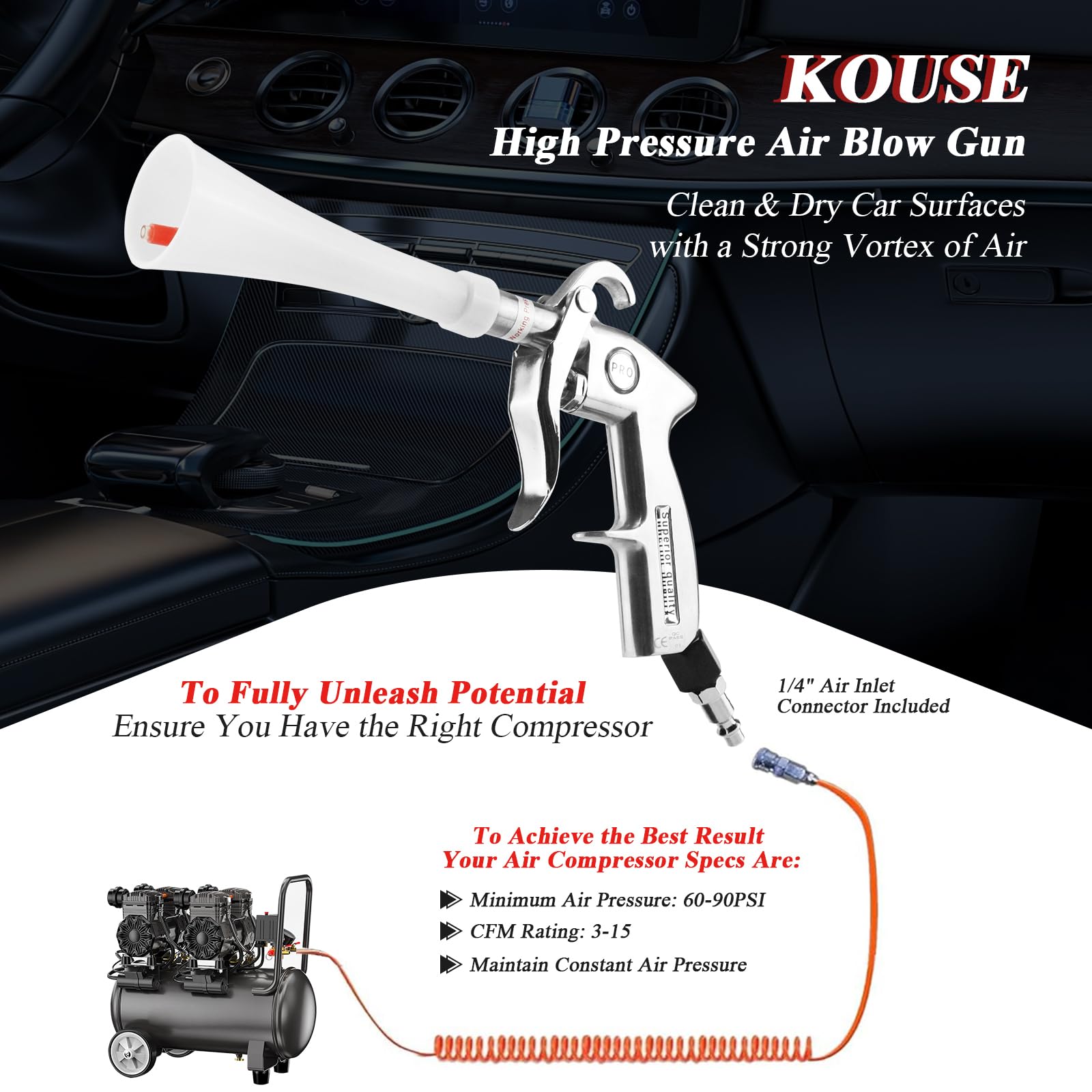 KOUSE High Pressure Pro Car Cleaning Gun Air Blow Gun Car Detailing Interior Car Dryer Air Blower for Car Detailing Air Gun Car Dust Cleaner Air Compressor Blower Gun with Nozzle