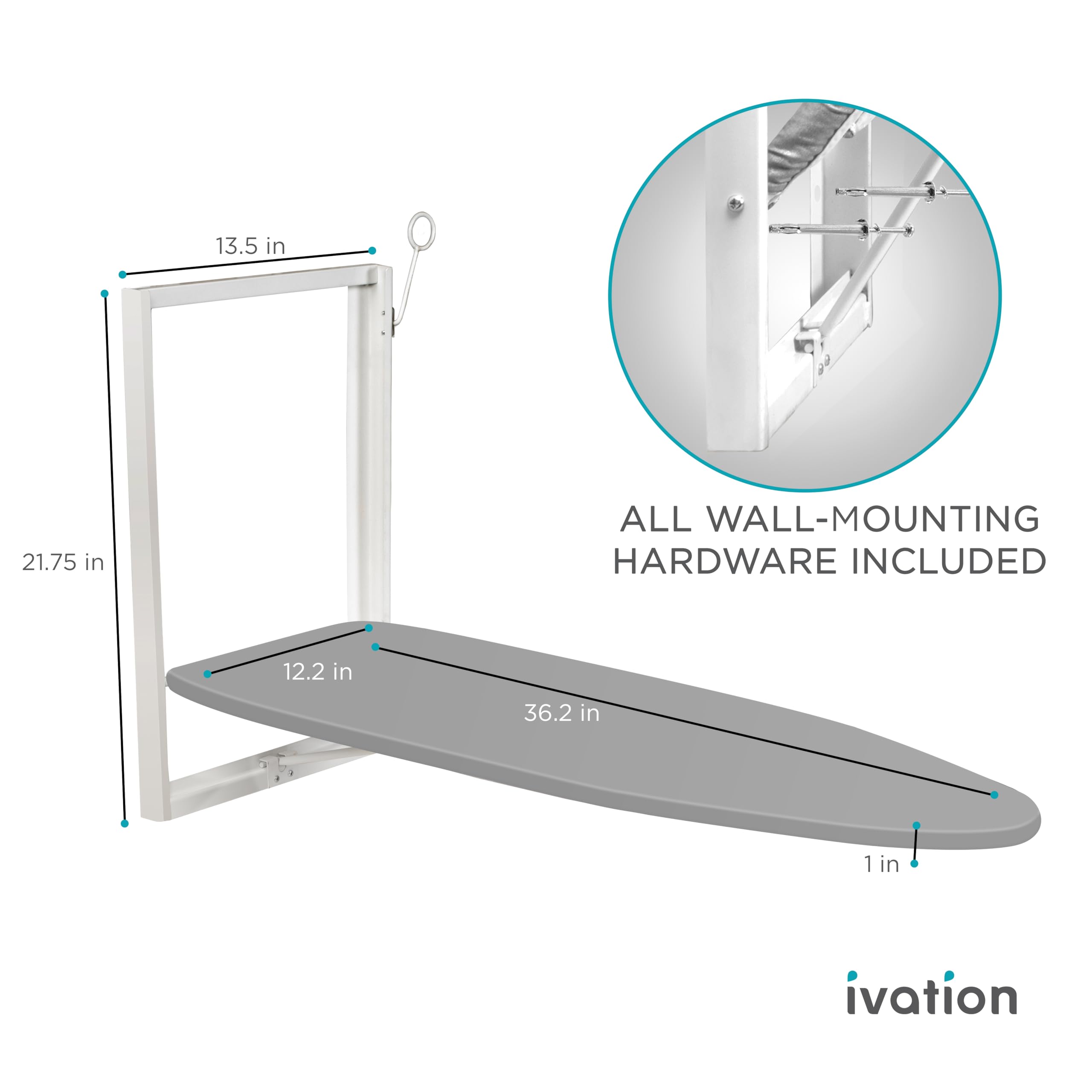 Ivation Wall-Mounted Ironing Board | Foldable 36.2” x 12.2” Sturdy Ironing Station for Home & Apartments, Easy-Release Lever, Removable Cotton Cover, Includes Mounting Hardware with Iron Holder