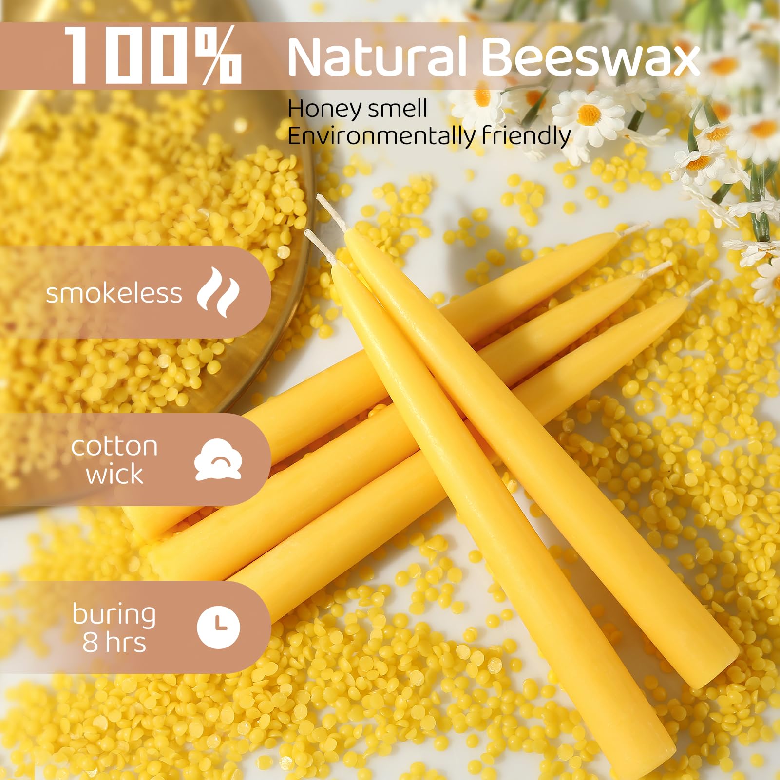 12 Pack Beeswax Taper Candles,8in Dripless Pure Beeswax Candles,8 Hours Long Burning 100% Natural Beeswax Candle Sticks,Smokeless and Unscented Bees Wax Candles for Home,Prayer,Tall Tapered Candles
