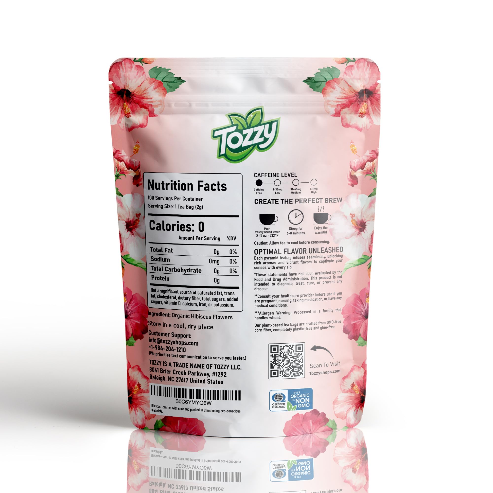 Tozzy Organic Hibiscus Tea - 100 Count | Pyramid Tea Bags (Plant-Based & Eco-conscious) | Pure Ingredients | Packaging May Vary