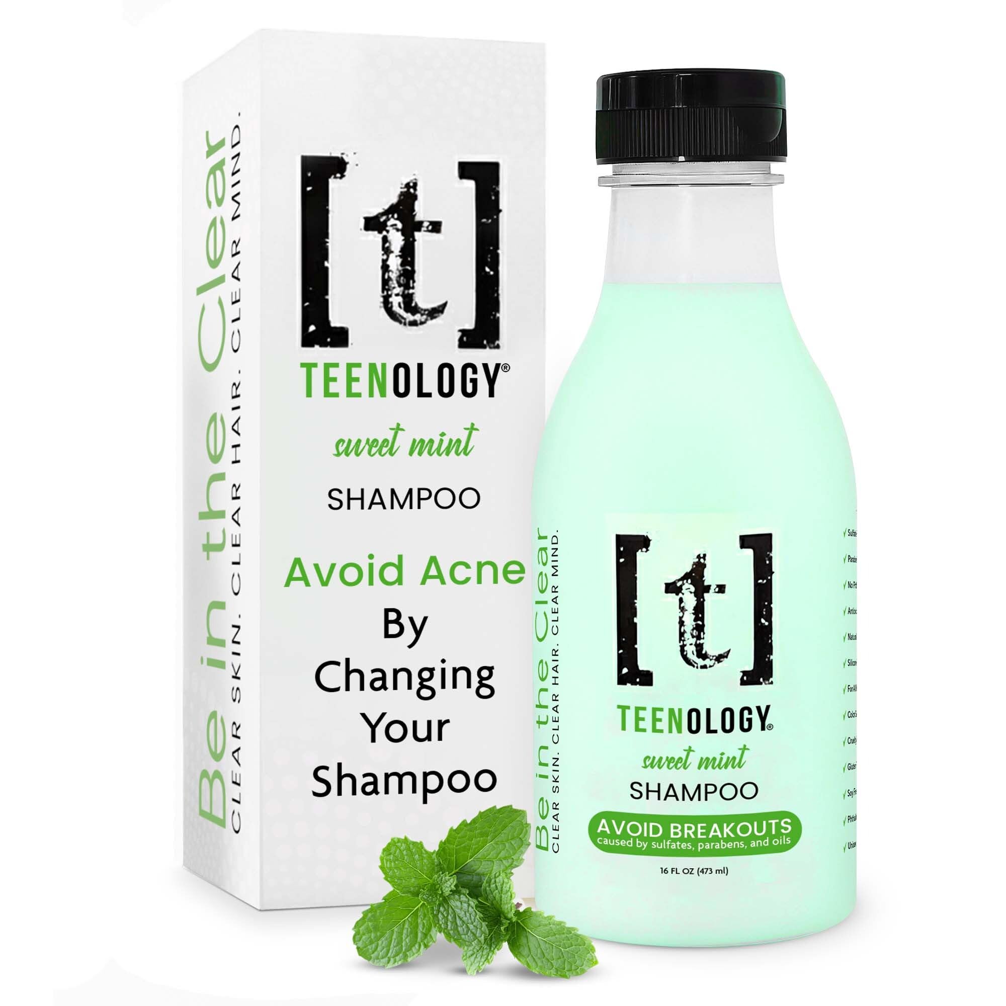 Teenology Shampoo for Teens - Avoid Forehead and Body Acne - No Sulfates or Parabens, Noncomedogenic, Natural Botanical Extracts, 16 oz. (Sweet Mint)