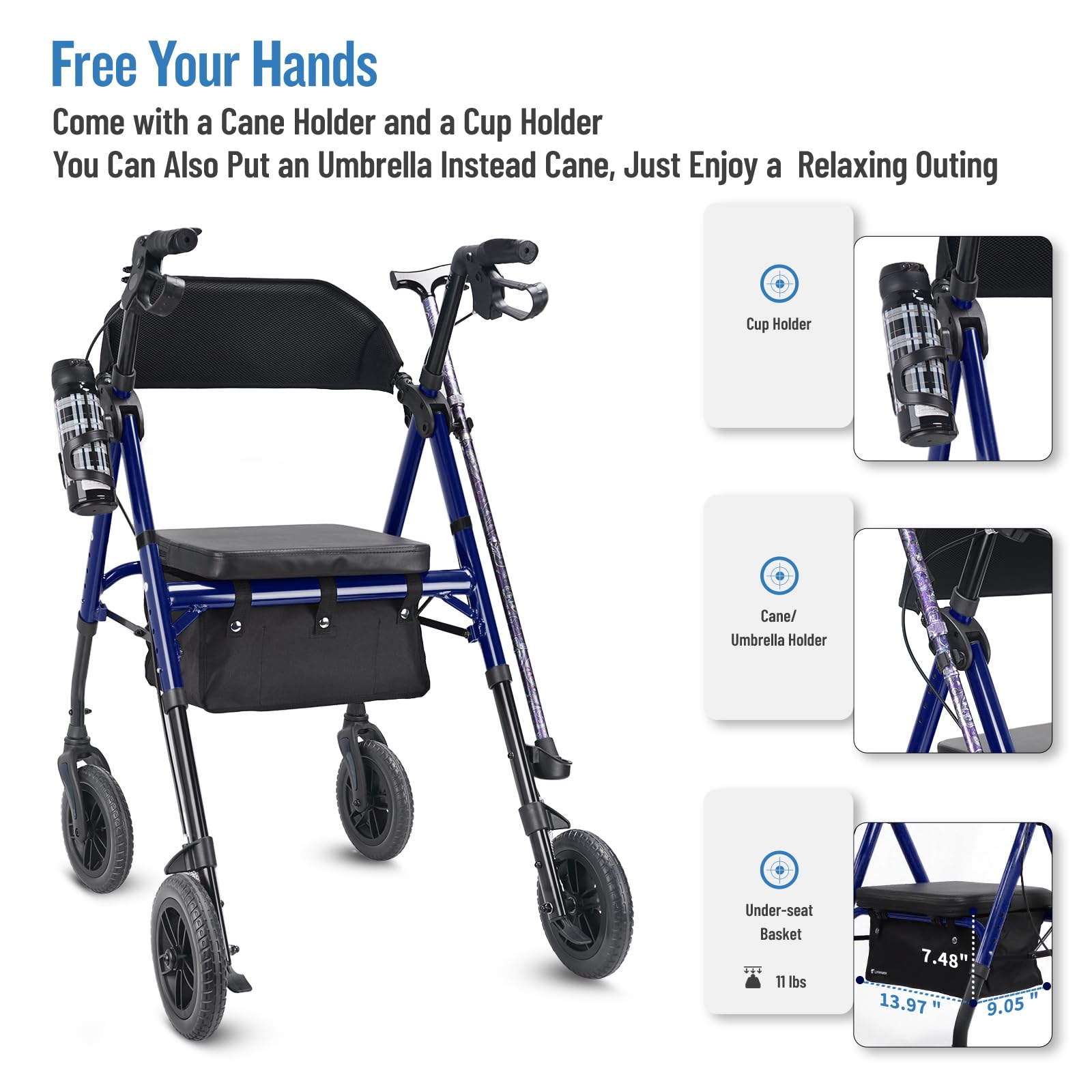 Lightweight Rollator Walker with Seat & Backrest - Foldable Mobility Aid for Seniors, 8" Large Airless Tires, Adjustable Height, Brake,Storage Bag,300 lbs Capacity, 4 Wheel Rolling Walkers for Adults