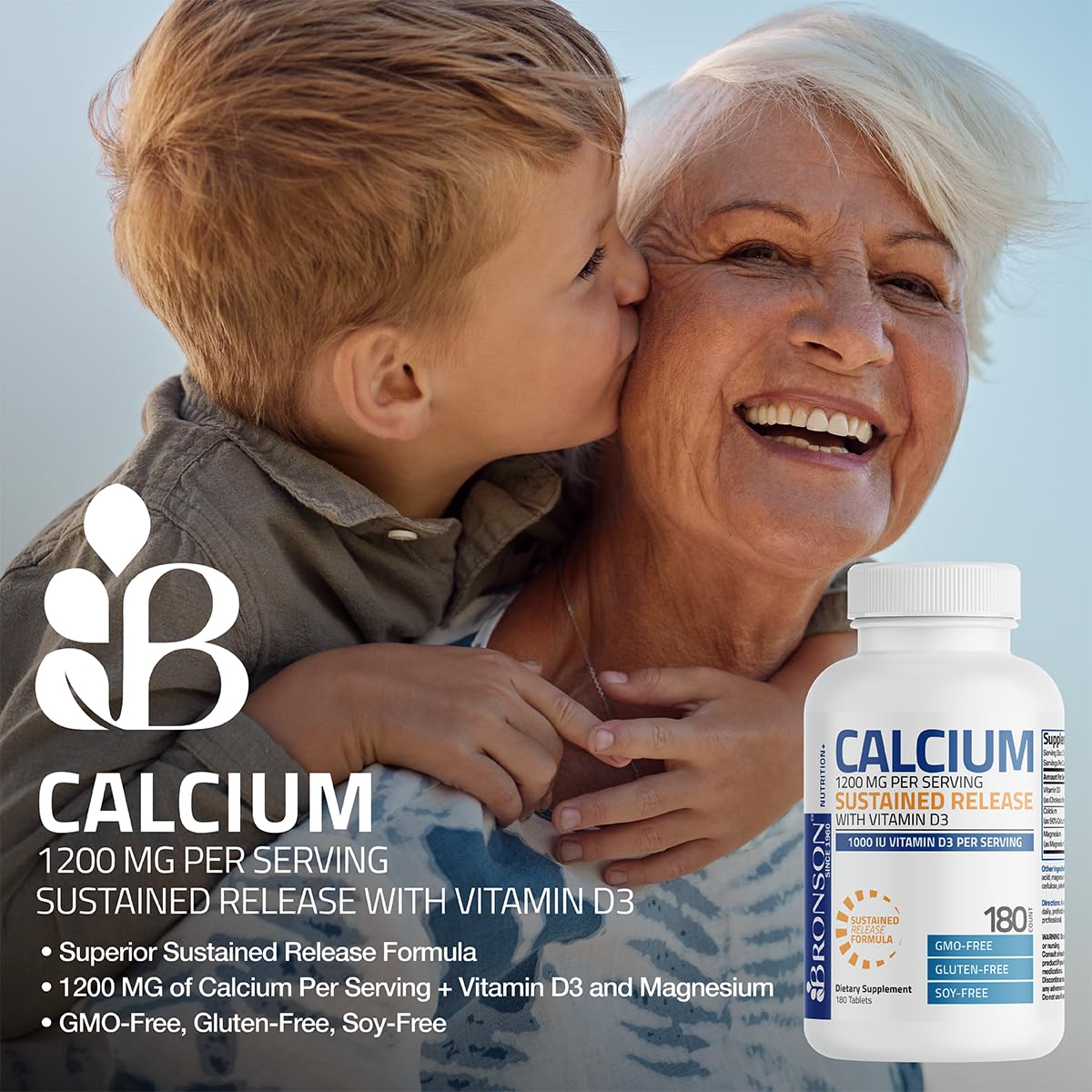 Bronson Calcium 1200 MG Per Serving Sustained Release with Vitamin D3 1000 IU Vitamin D3 Per Serving Non-GMO, 90 Tablets