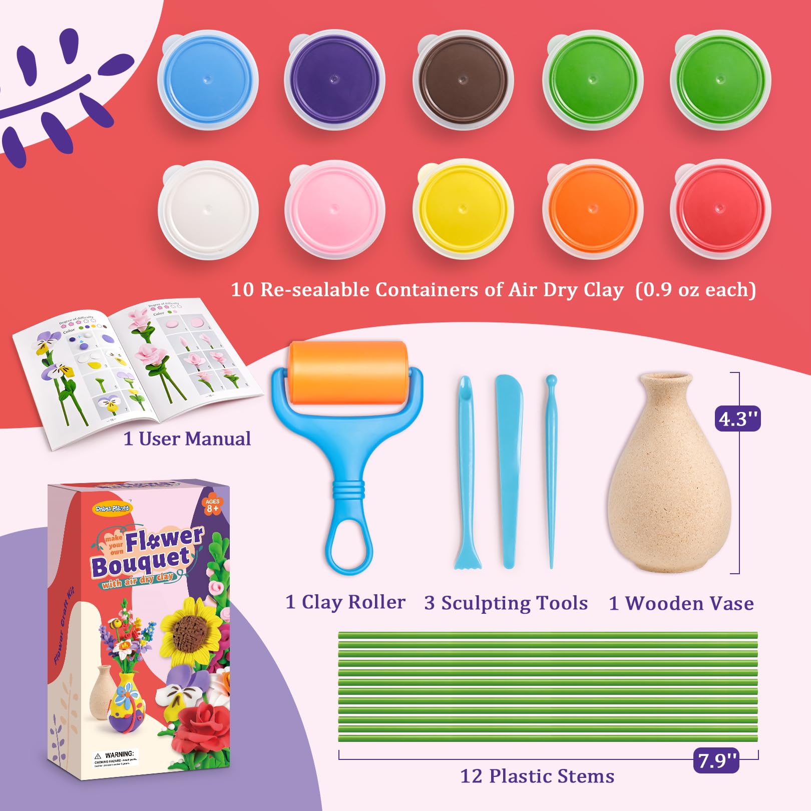 Drama Planet Flower Craft Kit for Kids, Make Your Own Flower Bouquet with Air Dry Clay, Arrange Clay Flowers & Create Personalized Art, Great Gifts for Girls