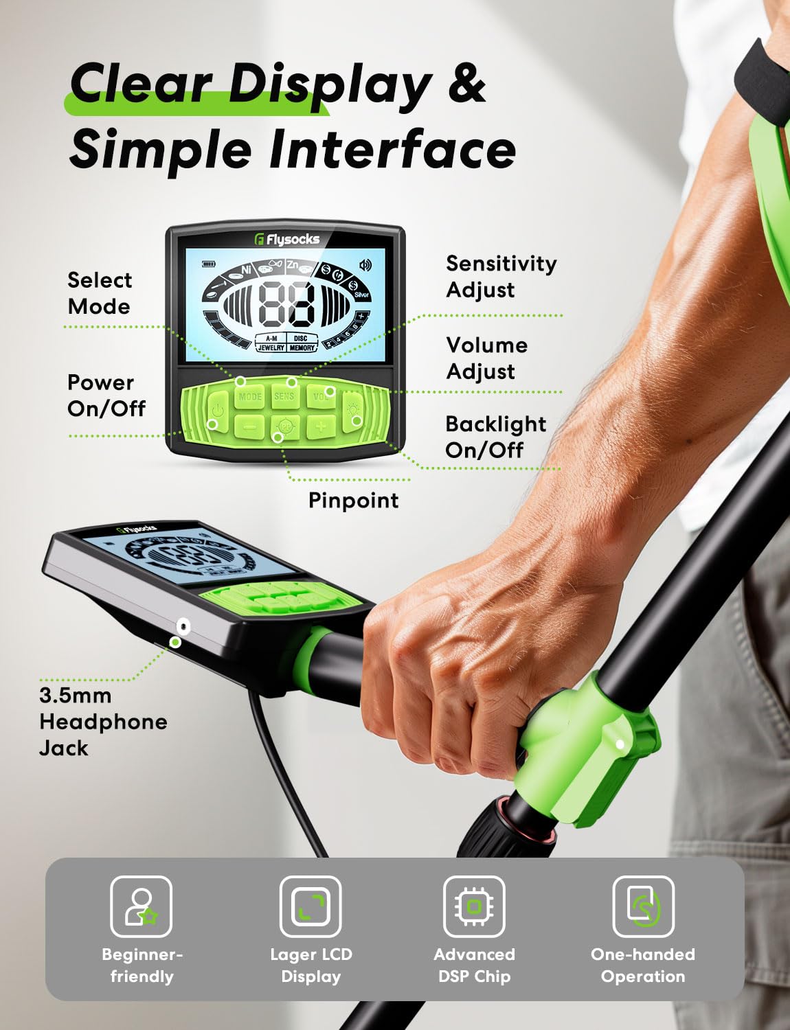 Flysocks Metal Detector for Adult - Professional Higher Precision, 5 Mode for Metal Detecting, Advanced 11” Coil Multifunctional Metal Discovery Tools, Waterproof and Portable Outdoor Treasure Finder