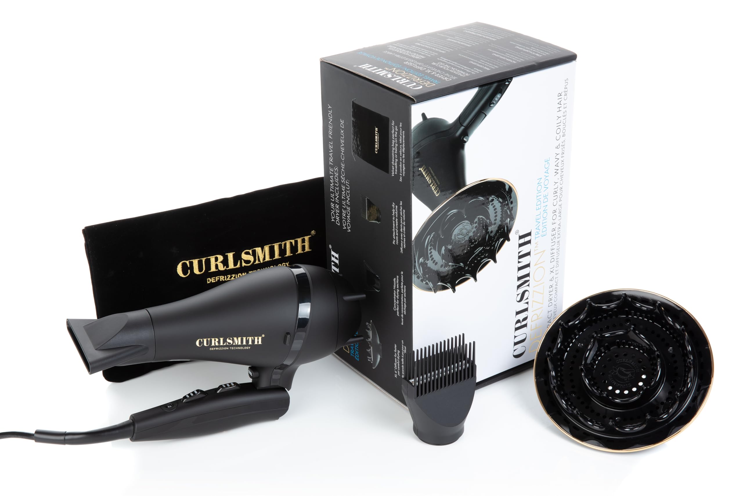 Curlsmith - Defrizzion Travel Hair Dryer with Large Diffuser, for Curly Hair, Reduce Frizz, 3 Speeds, 3 Heat Settings, Infared, Ceramic Heat for Fast Drying